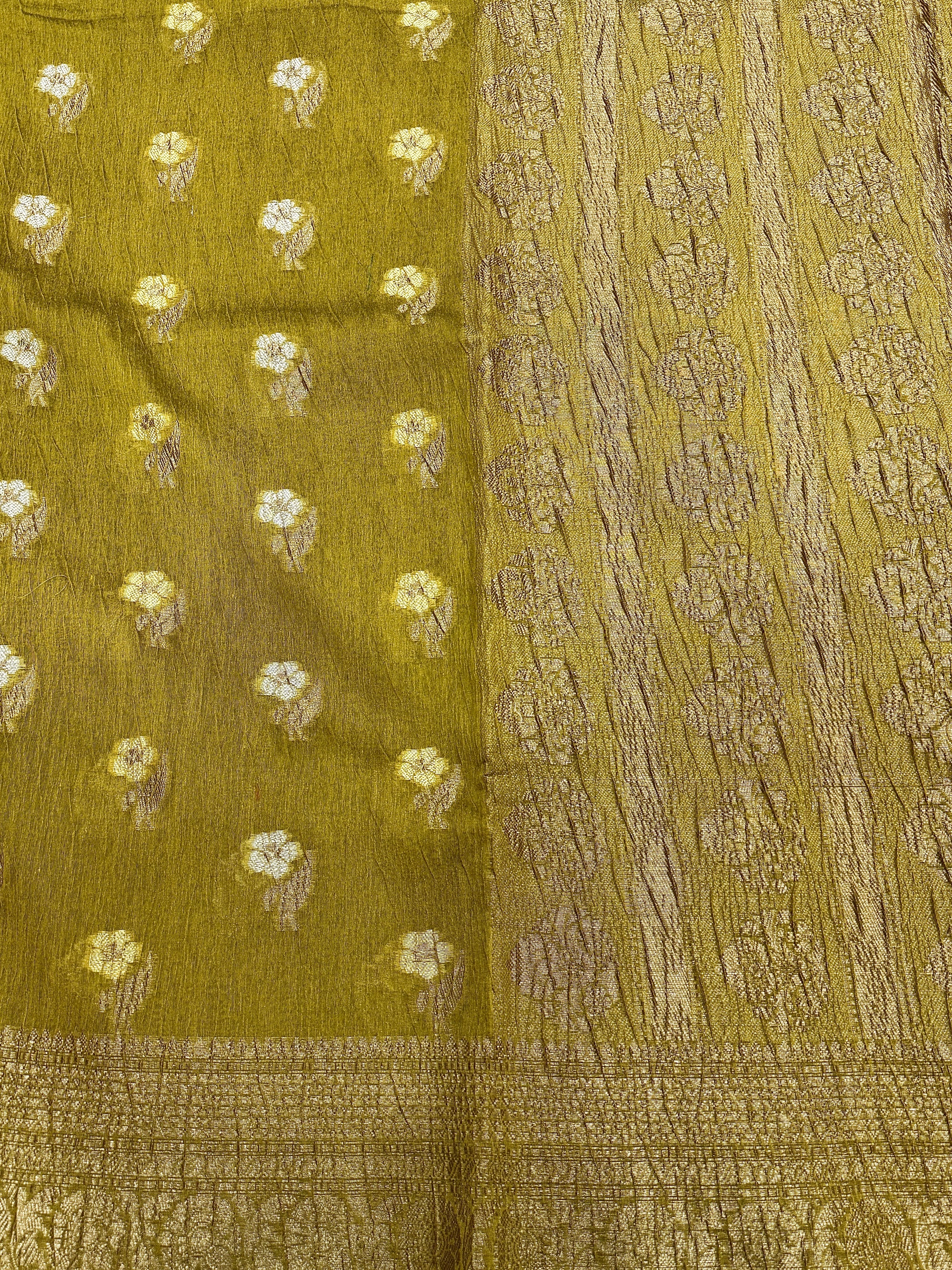 Olive Green Pure Mercerised Cotton Saree with Crush Texture