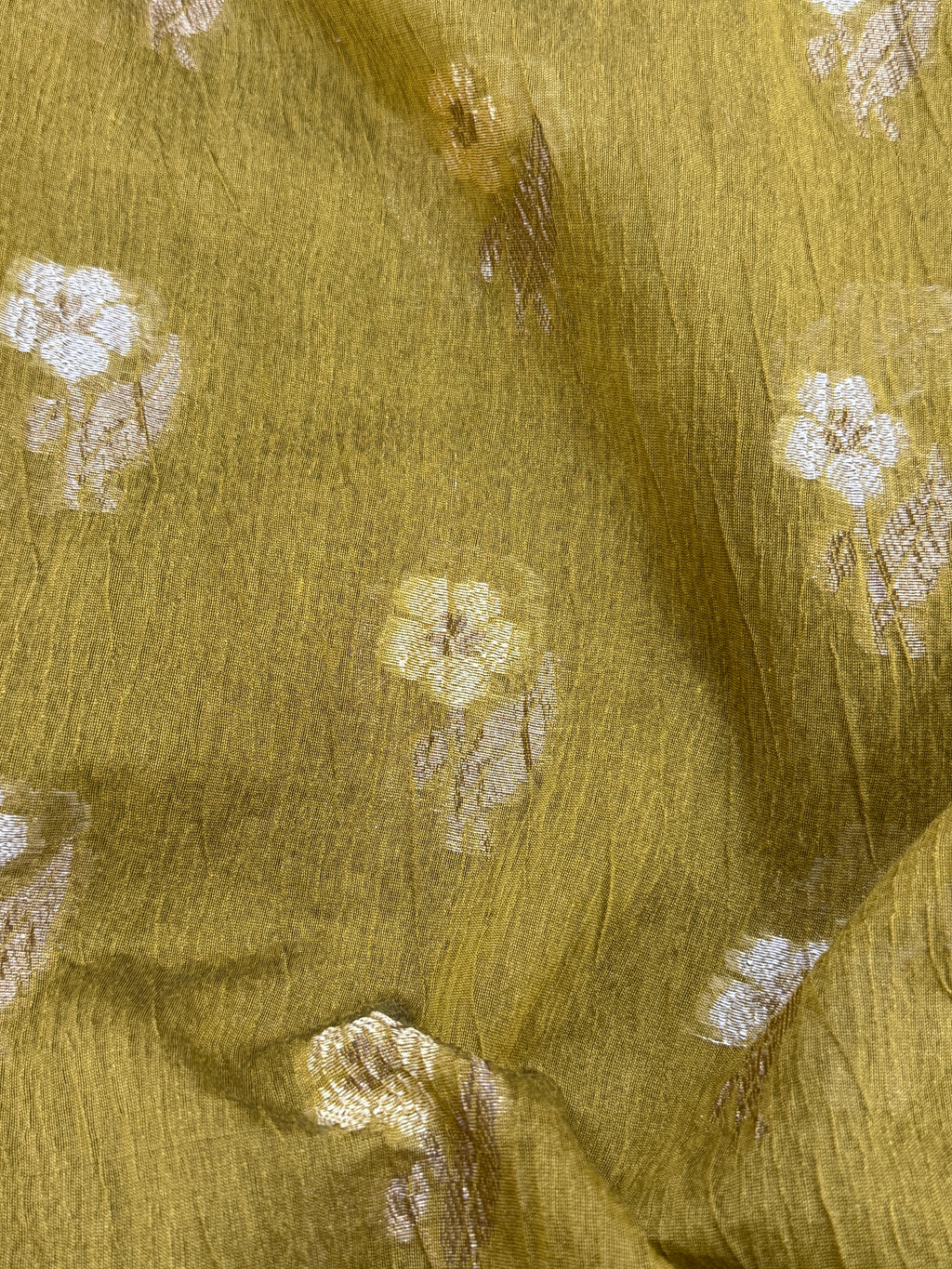 Olive Green Pure Mercerised Cotton Saree with Crush Texture