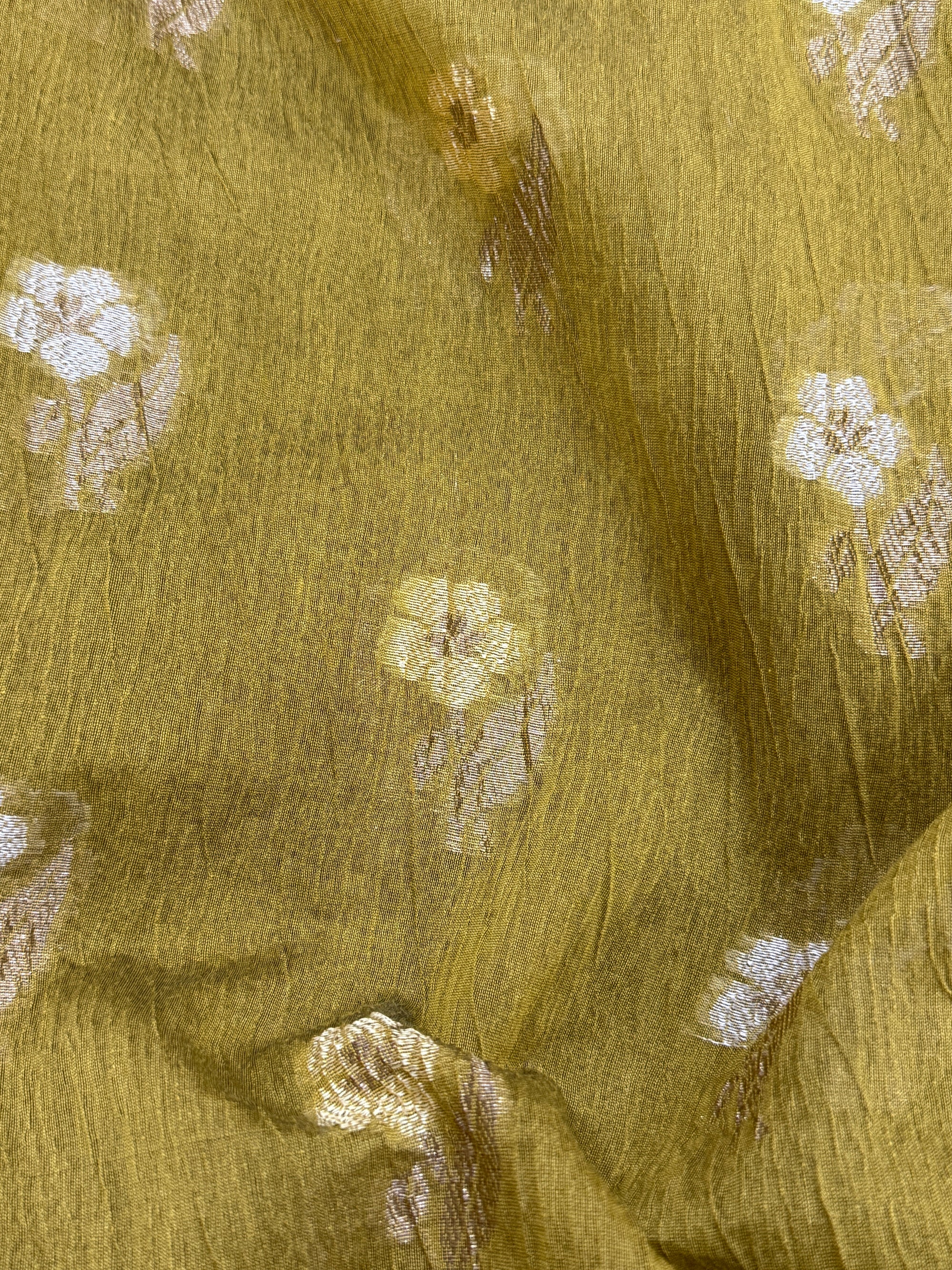 Olive Green Pure Mercerised Cotton Saree with Crush Texture