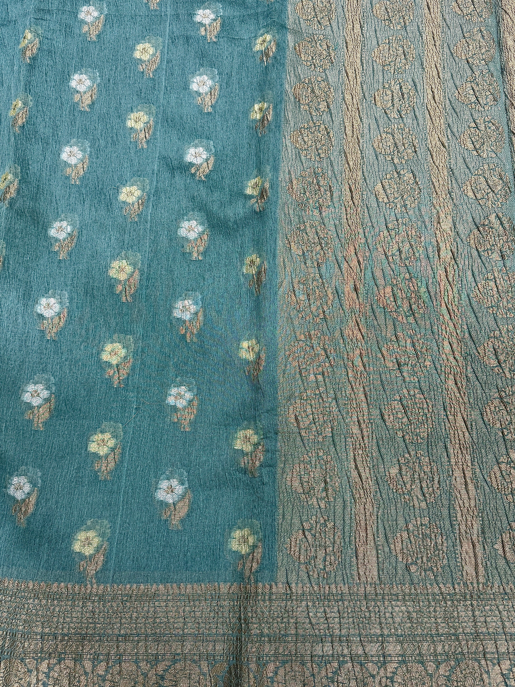 Teal Blue Pure Mercerised Cotton Saree with Crush Texture