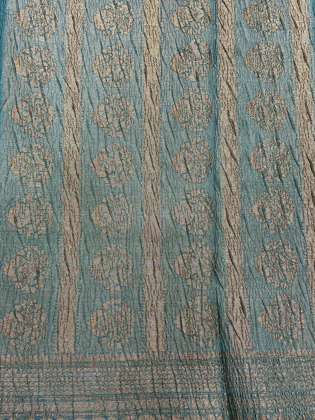 Teal Blue Pure Mercerised Cotton Saree with Crush Texture