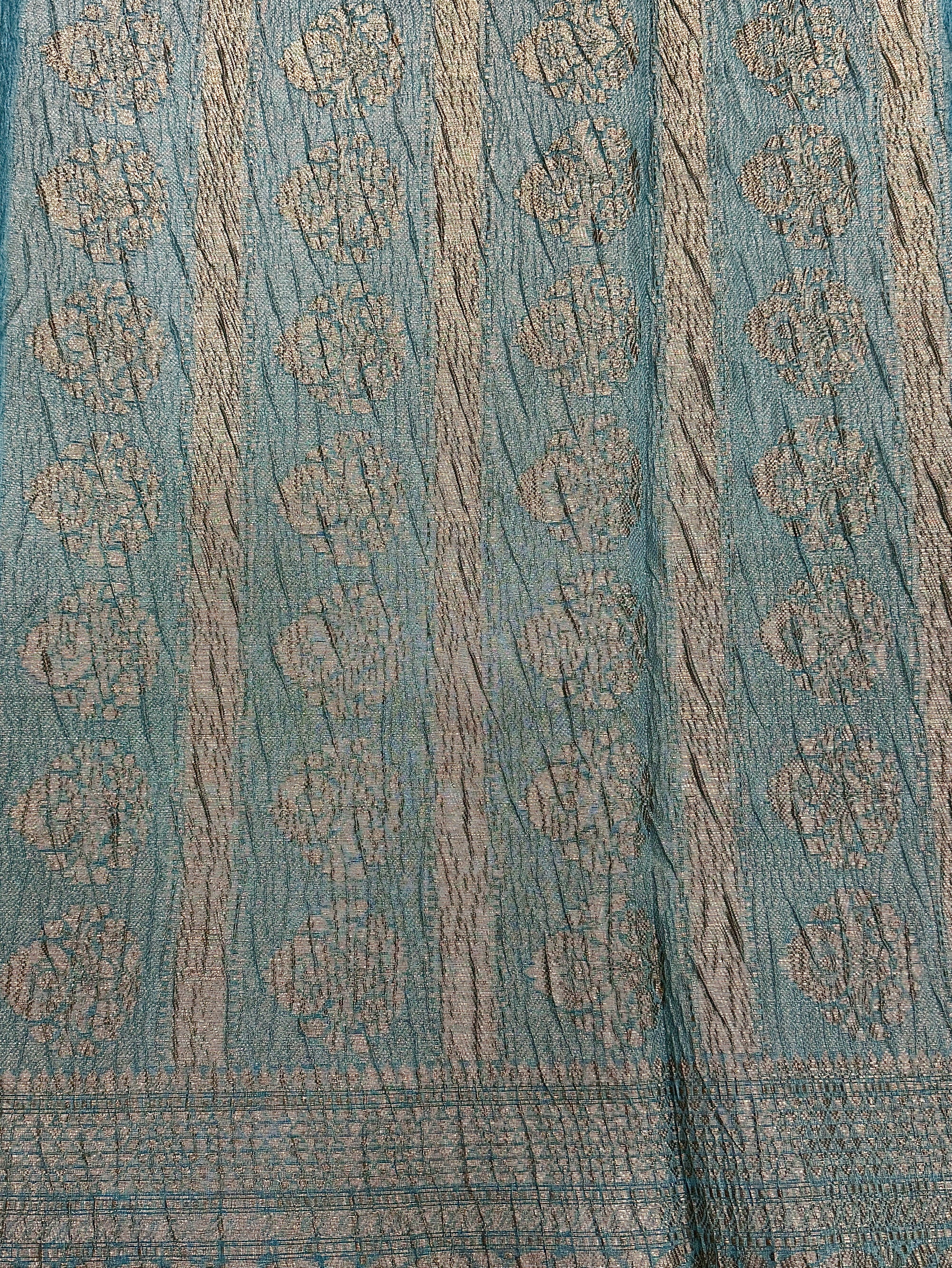 Teal Blue Pure Mercerised Cotton Saree with Crush Texture