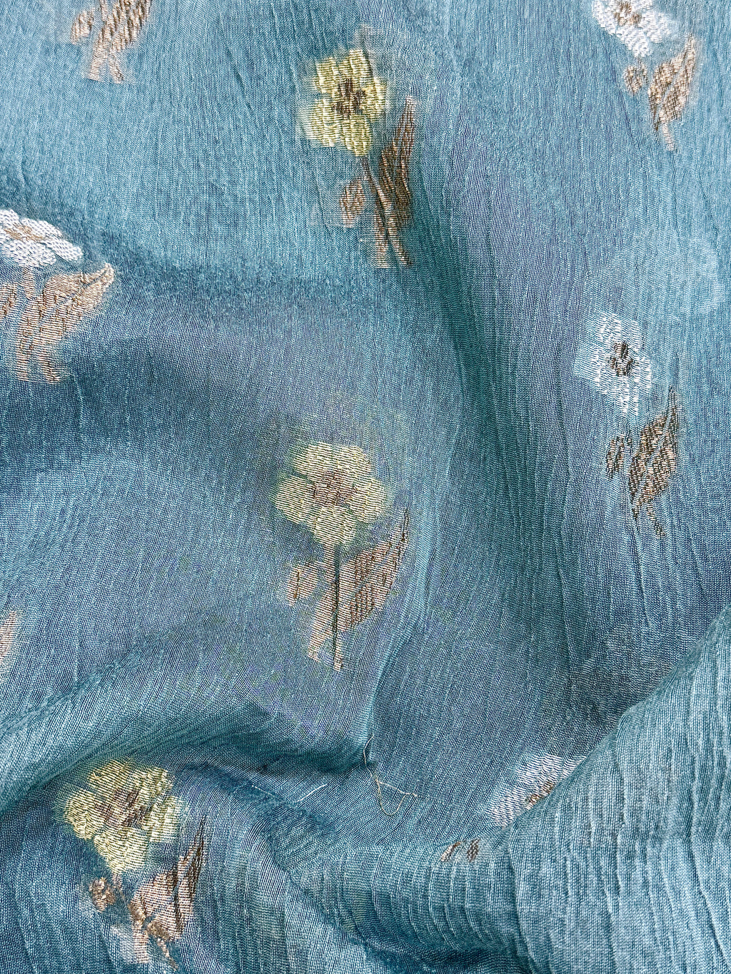 Teal Blue Pure Mercerised Cotton Saree with Crush Texture