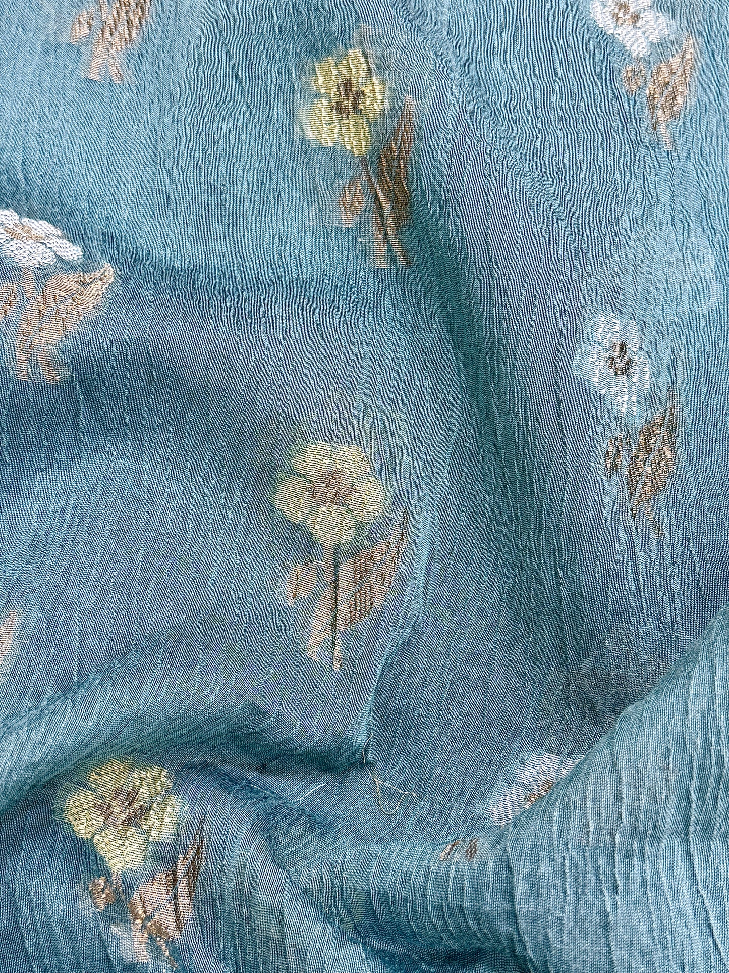 Teal Blue Pure Mercerised Cotton Saree with Crush Texture