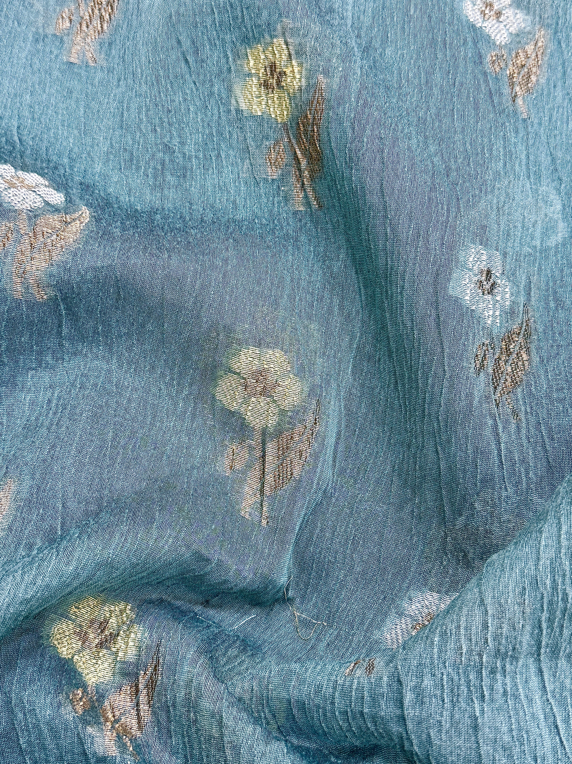 Teal Blue Pure Mercerised Cotton Saree with Crush Texture