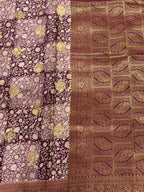 Wine Purple Kora Satin Saree with Block Print & Woven Border
