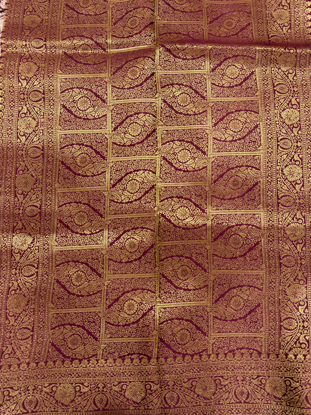Wine Purple Kora Satin Saree with Block Print & Woven Border