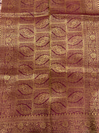 Wine Purple Kora Satin Saree with Block Print & Woven Border
