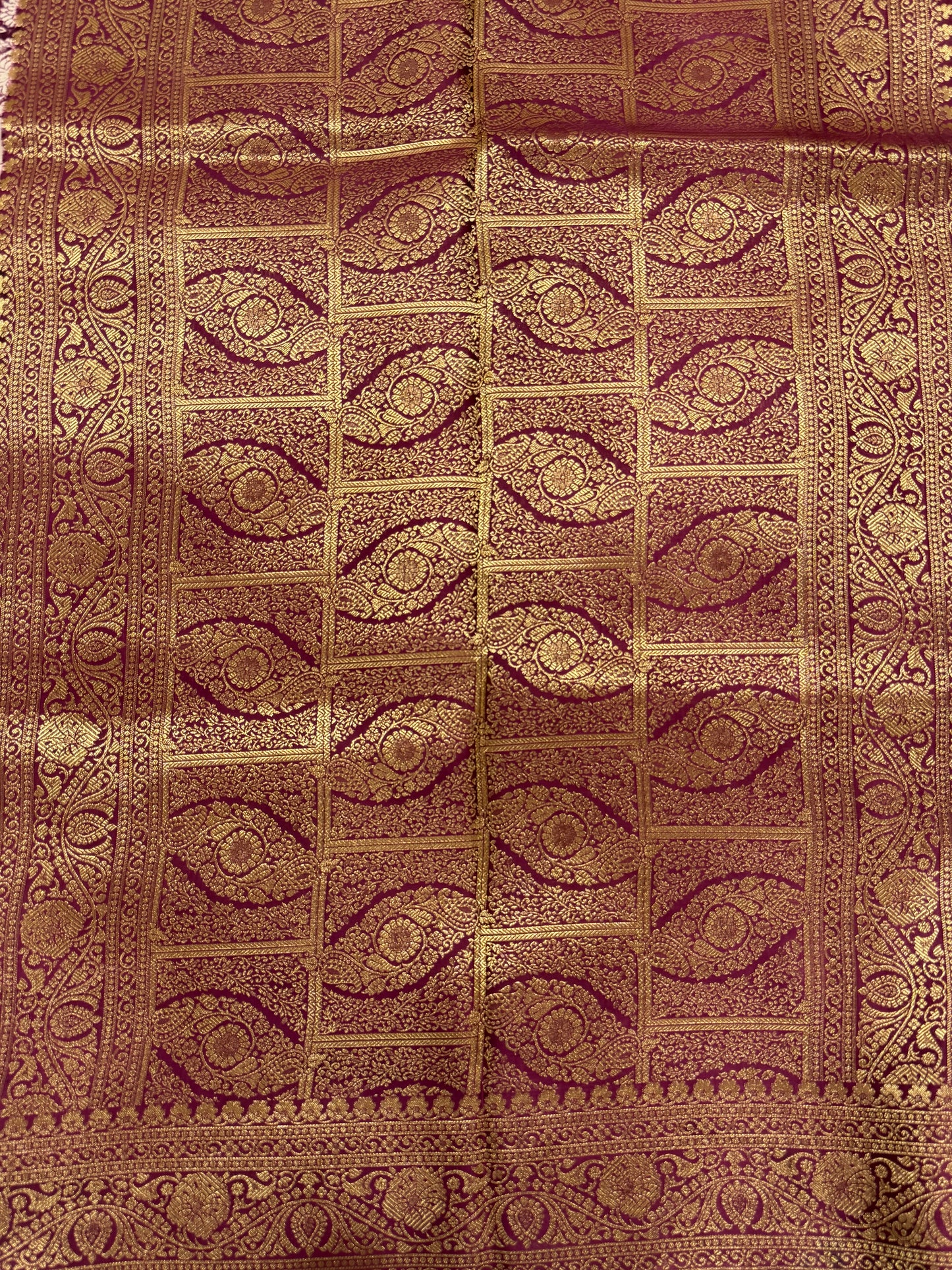Wine Purple Kora Satin Saree with Block Print & Woven Border