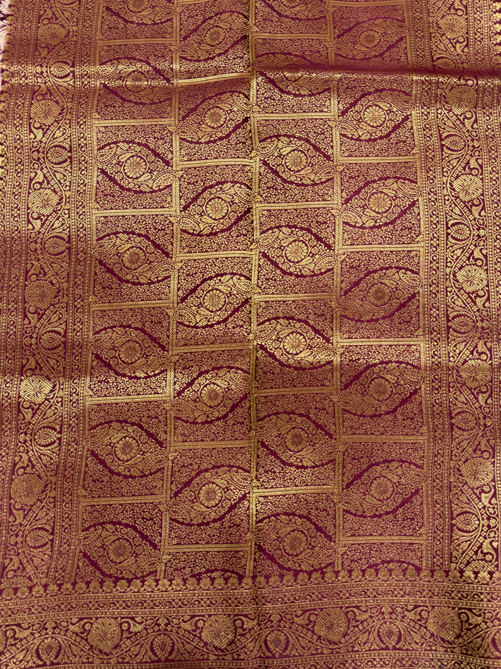 Wine Purple Kora Satin Saree with Block Print & Woven Border