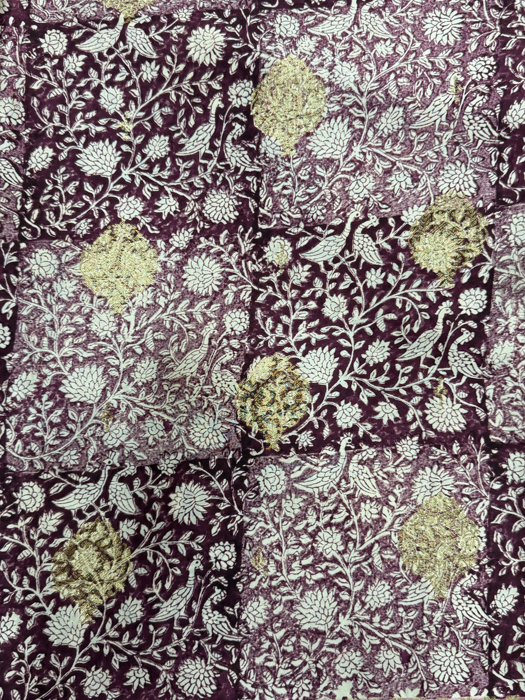 Wine Purple Kora Satin Saree with Block Print & Woven Border