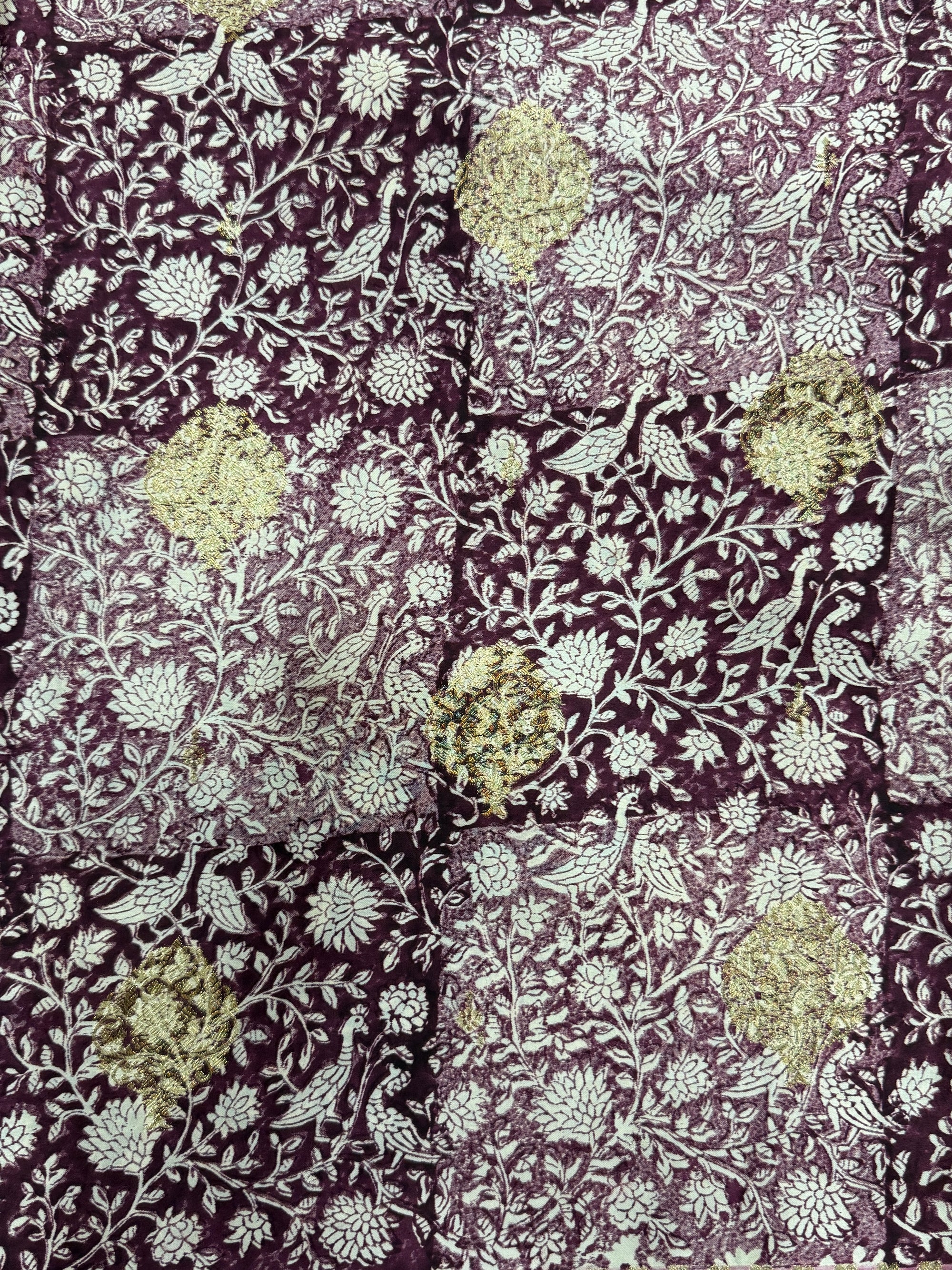 Wine Purple Kora Satin Saree with Block Print & Woven Border