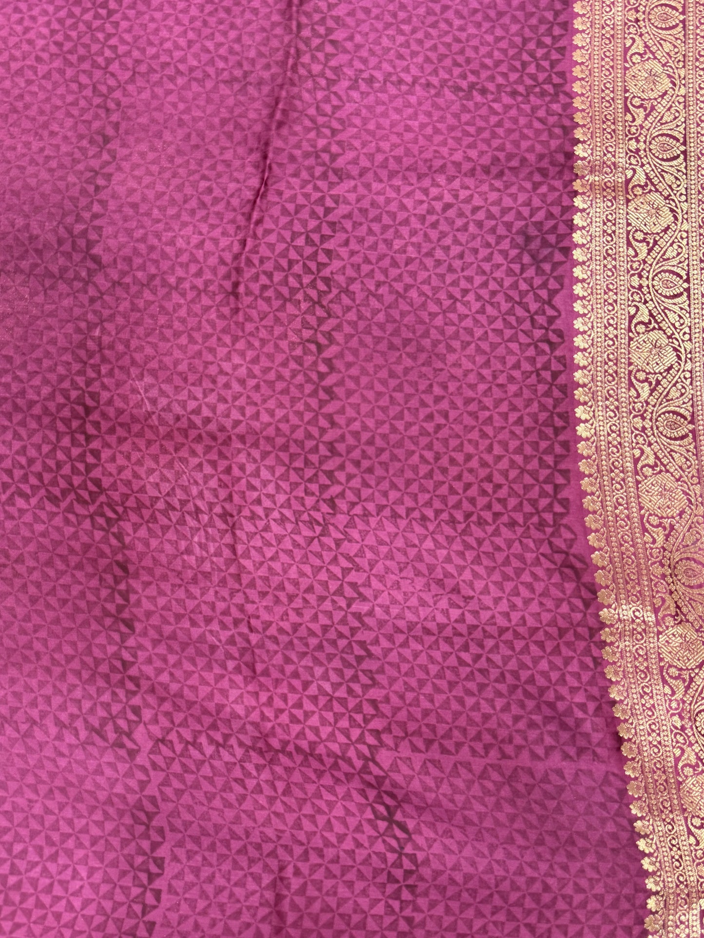 Wine Purple Kora Satin Saree with Block Print & Woven Border
