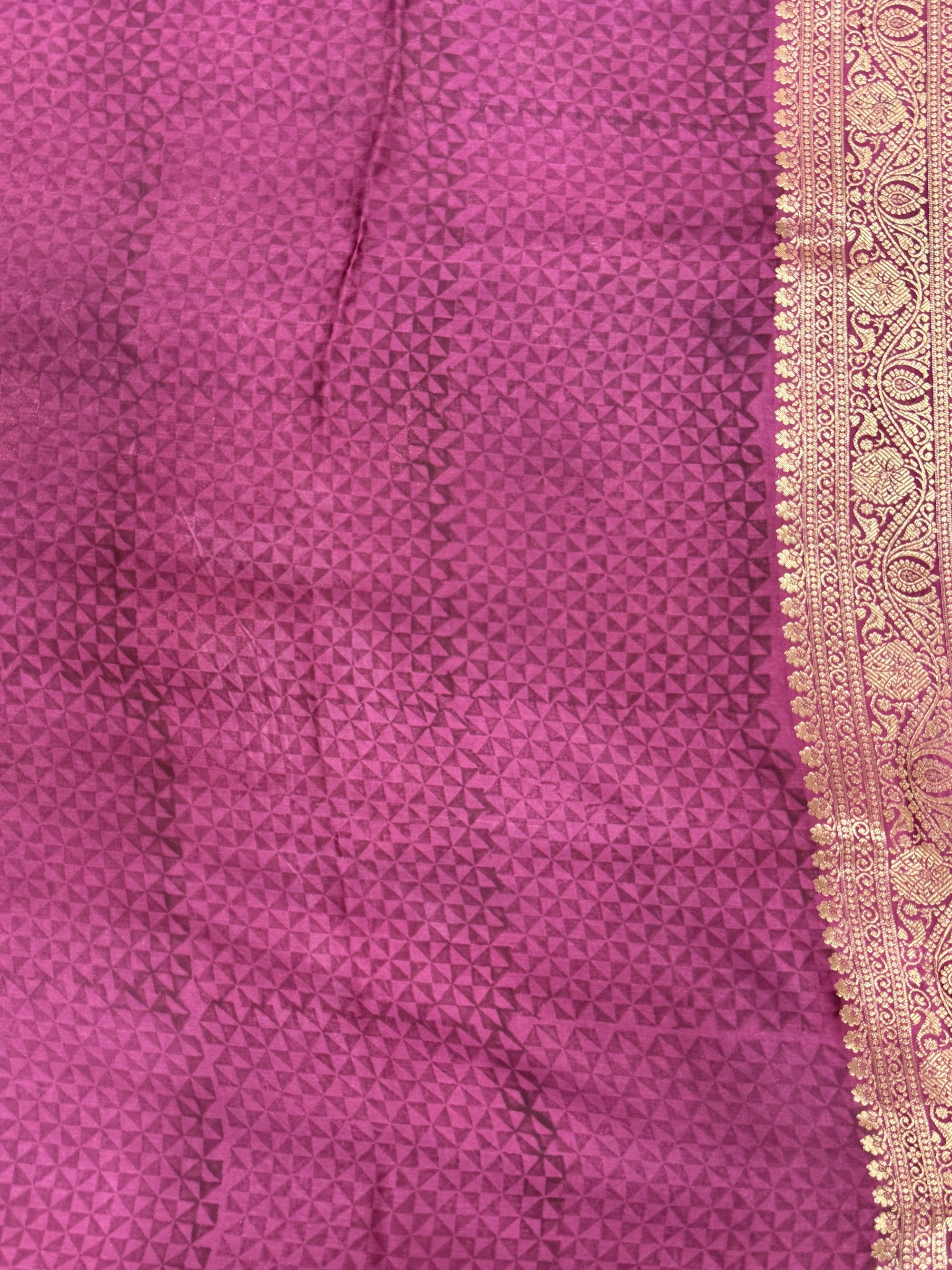Wine Purple Kora Satin Saree with Block Print & Woven Border