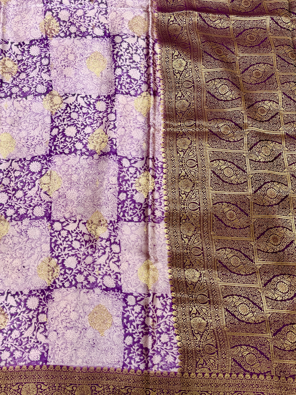 Royal Violet Kora Satin Saree with Block Print & Woven Border