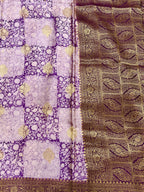 Royal Violet Kora Satin Saree with Block Print & Woven Border