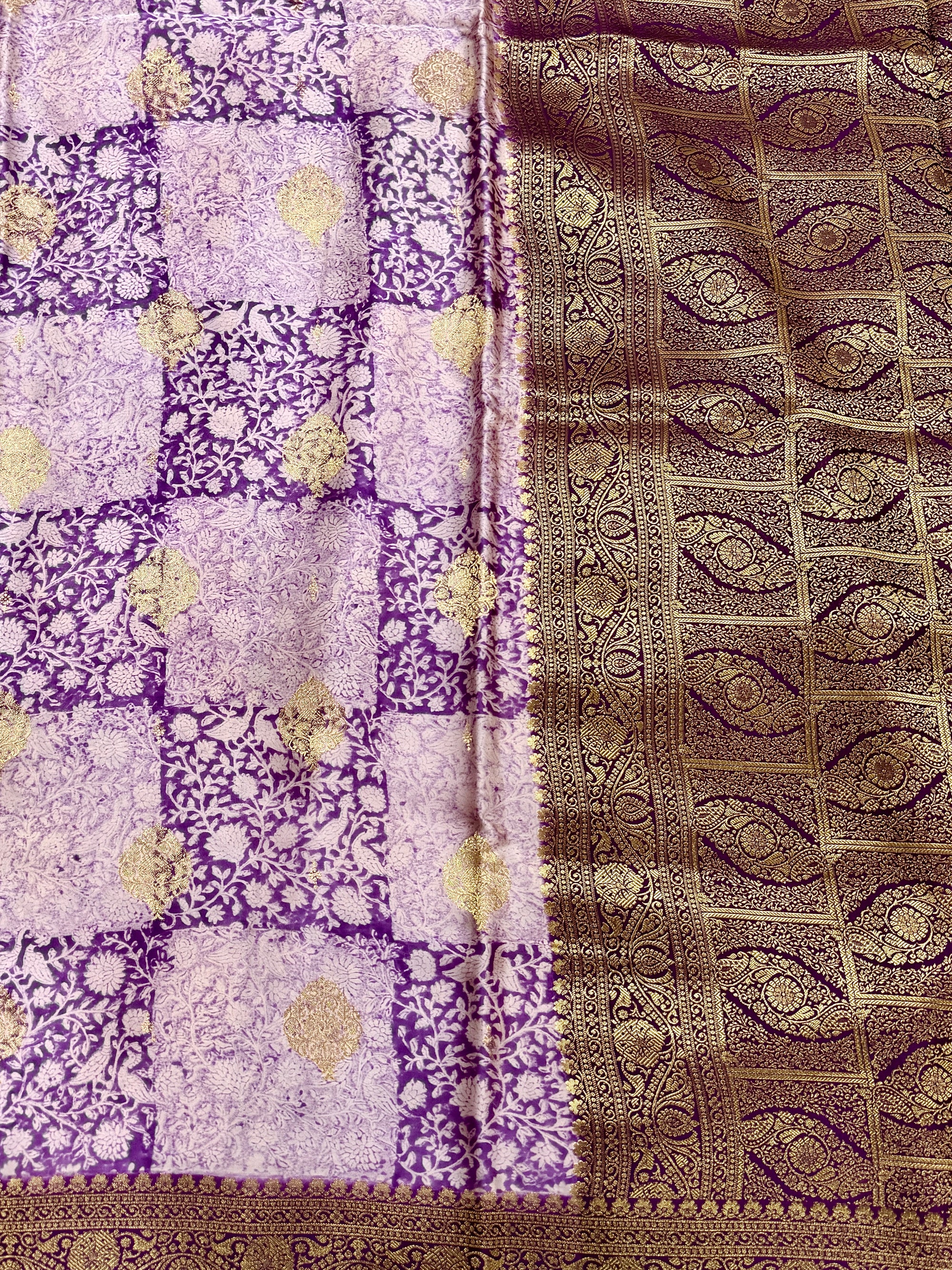 Royal Violet Kora Satin Saree with Block Print & Woven Border
