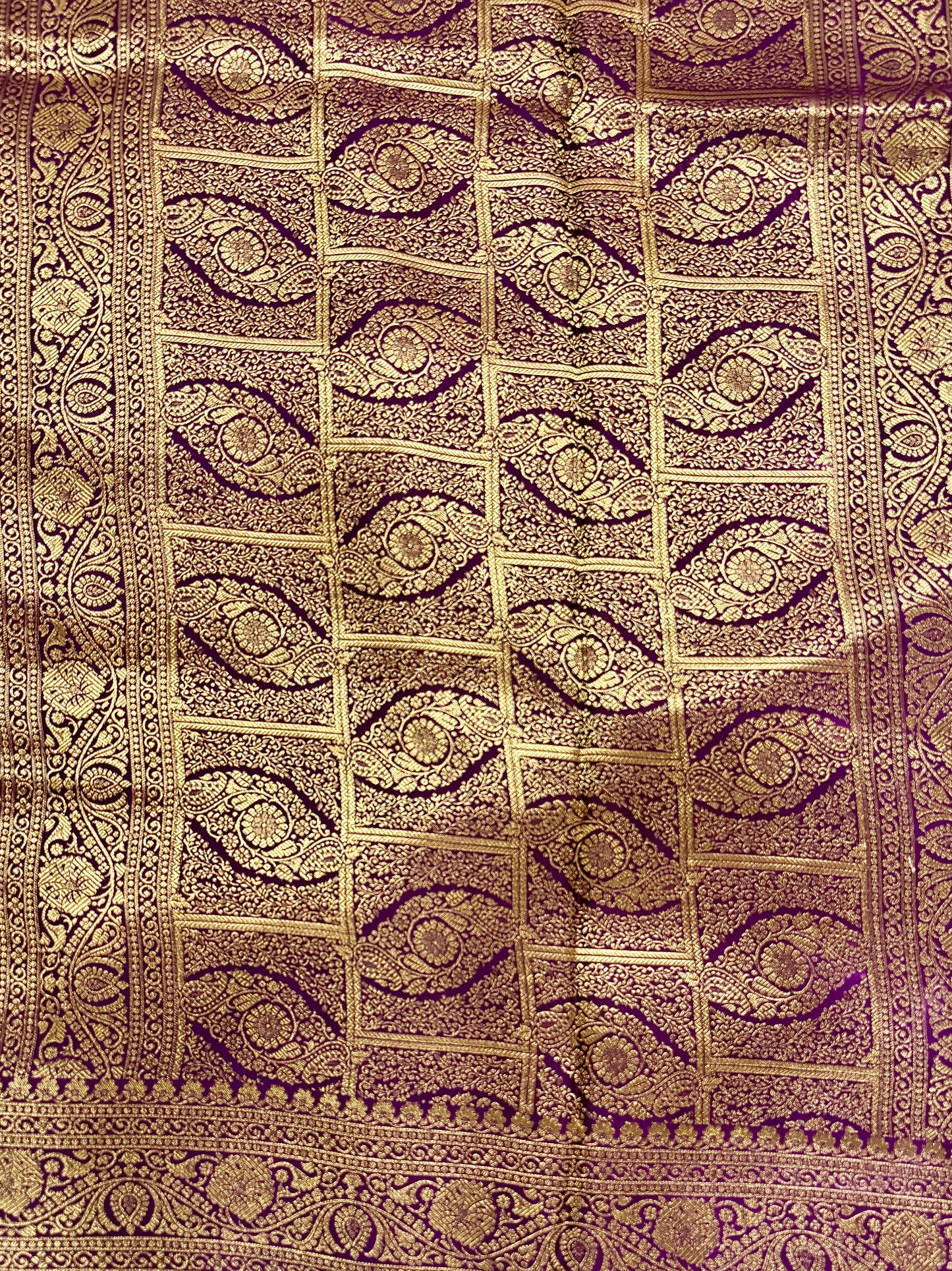 Royal Violet Kora Satin Saree with Block Print & Woven Border