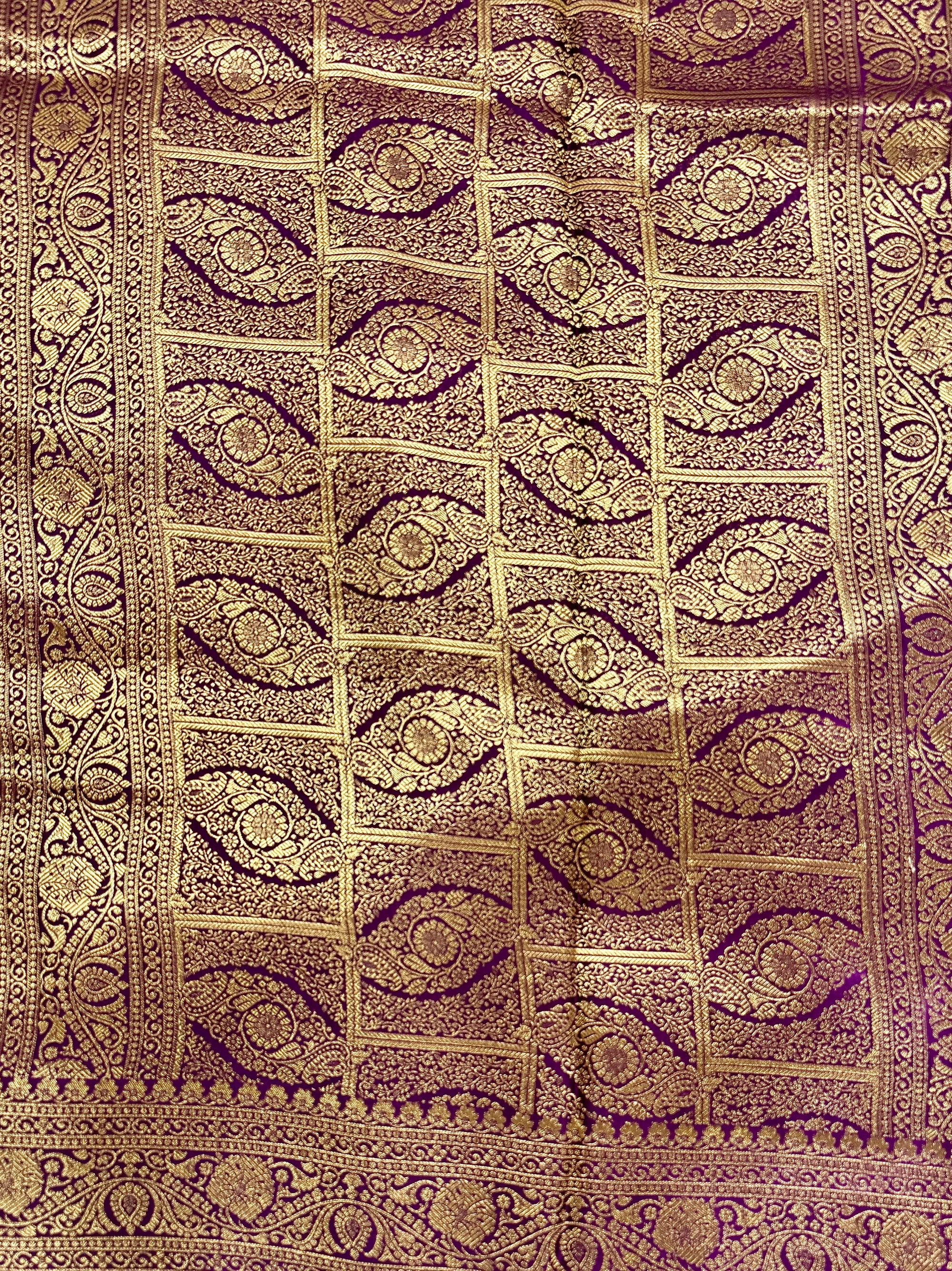 Royal Violet Kora Satin Saree with Block Print & Woven Border