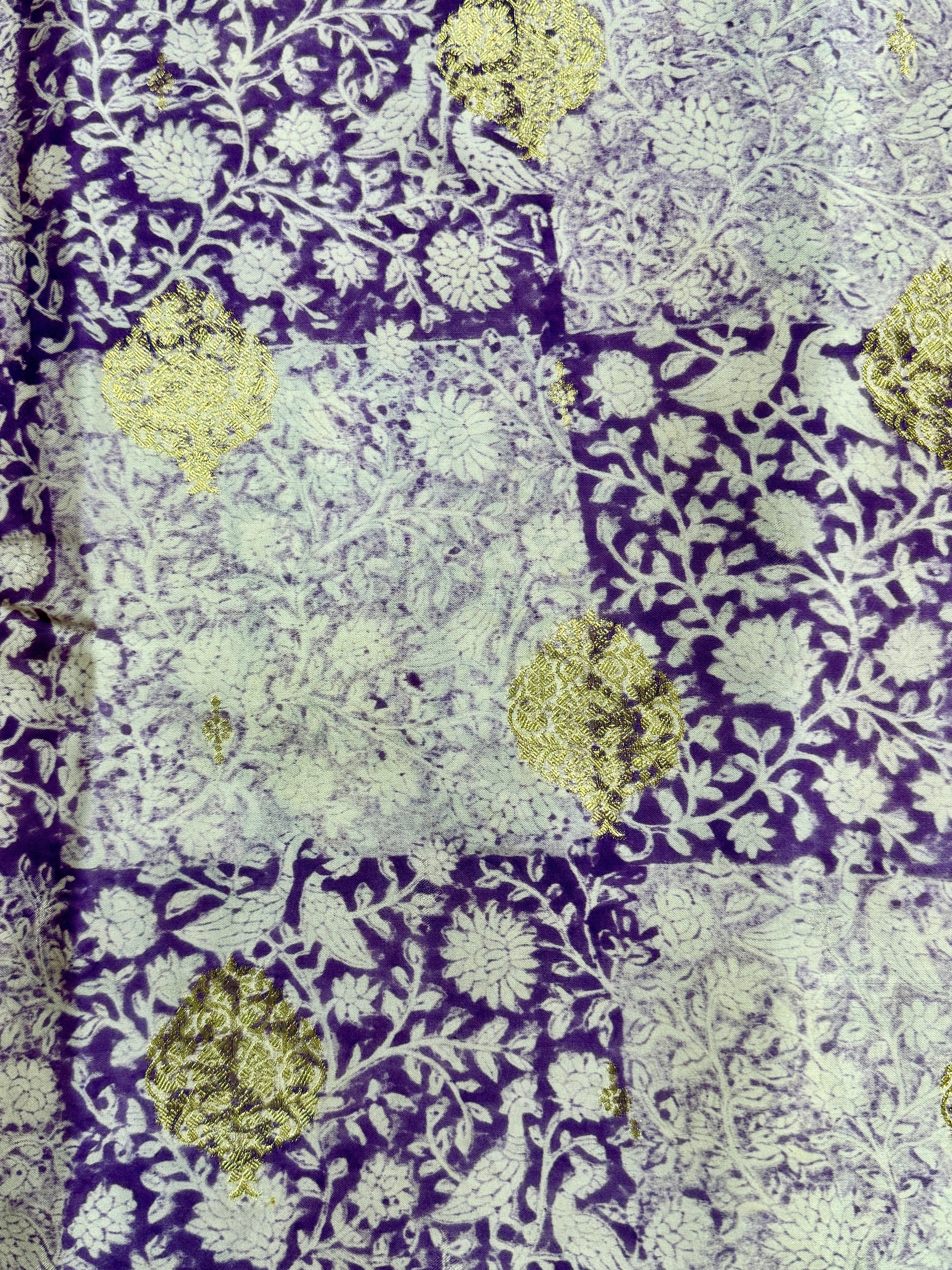 Royal Violet Kora Satin Saree with Block Print & Woven Border
