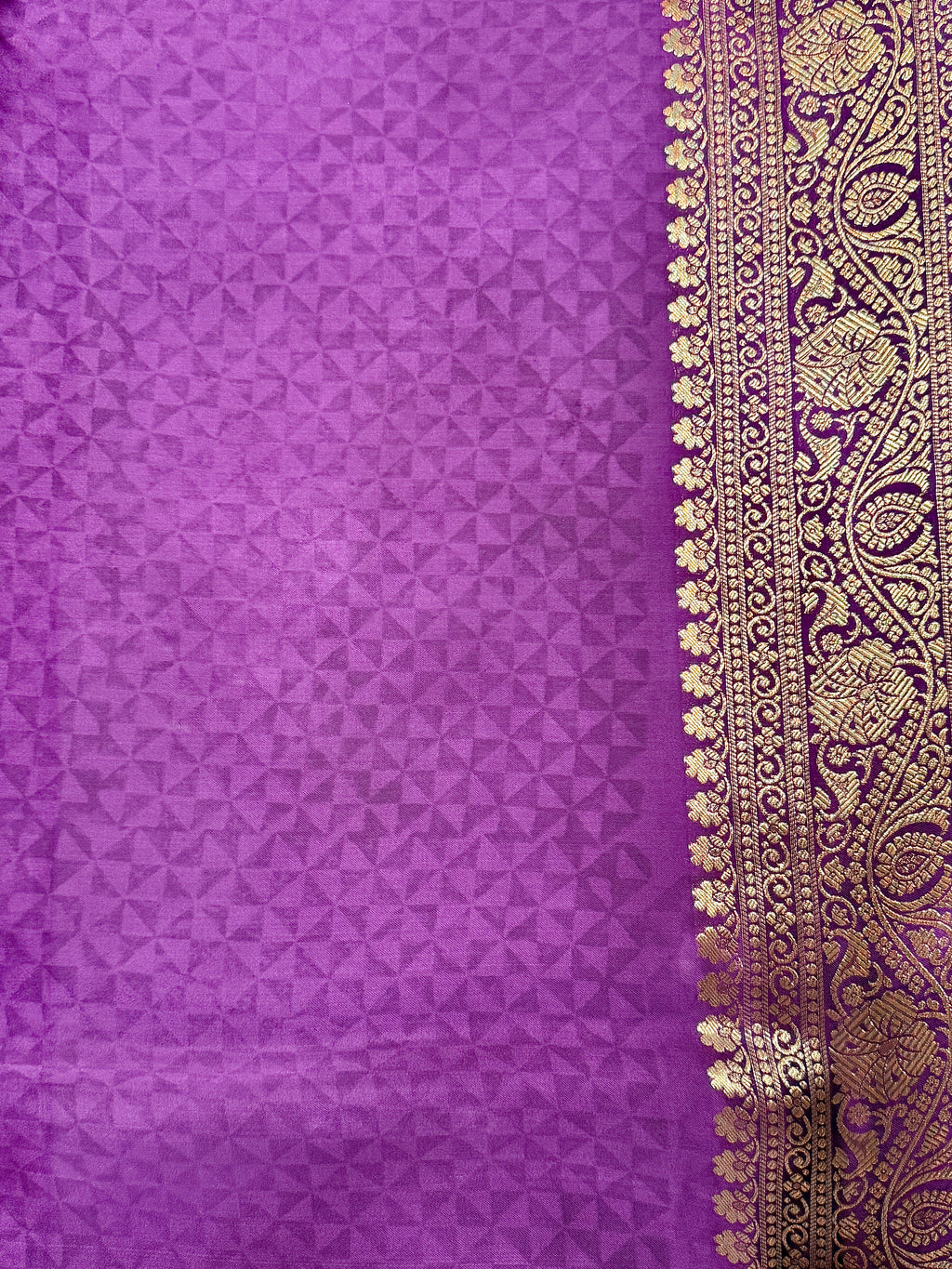 Royal Violet Kora Satin Saree with Block Print & Woven Border