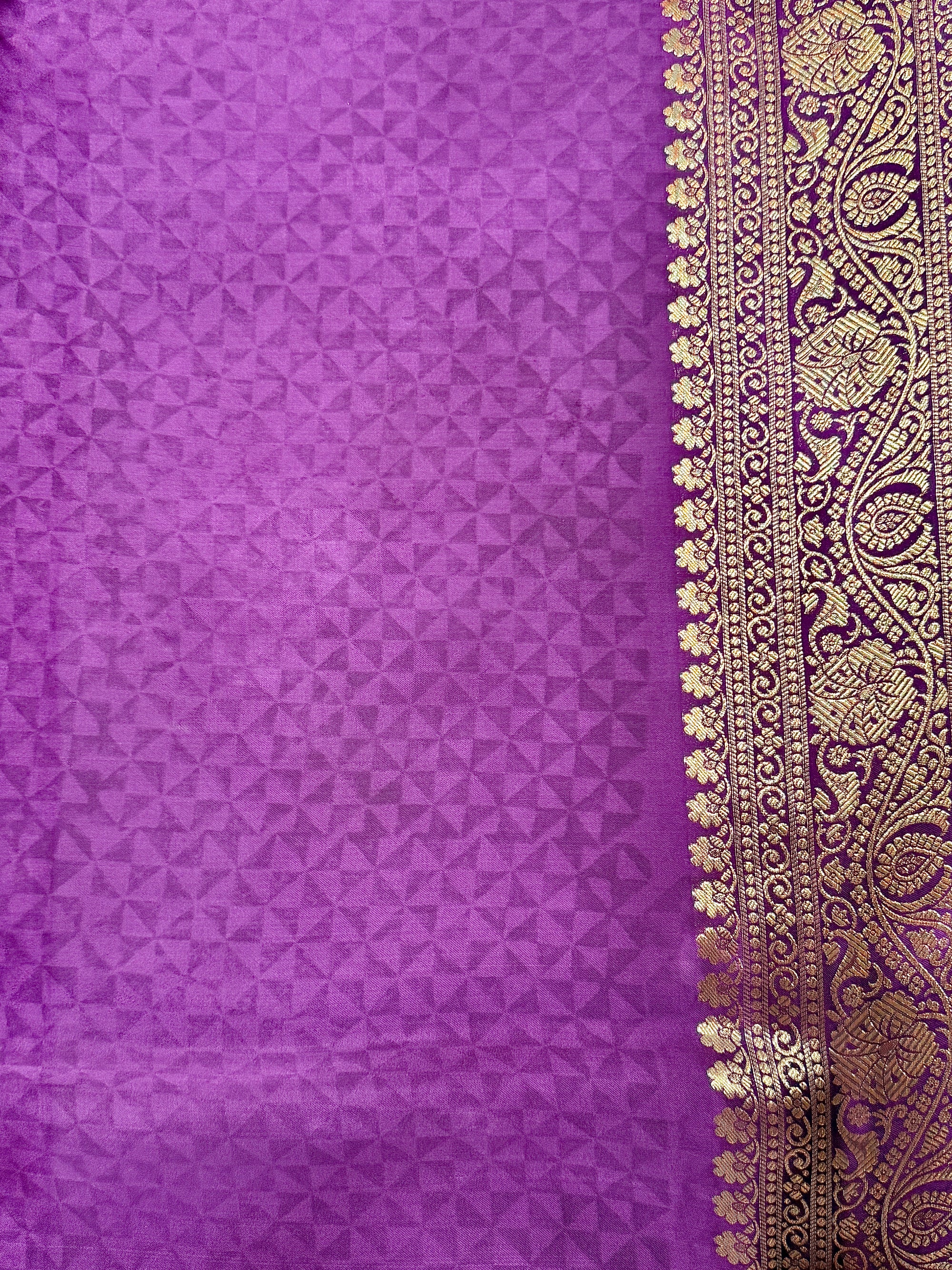 Royal Violet Kora Satin Saree with Block Print & Woven Border