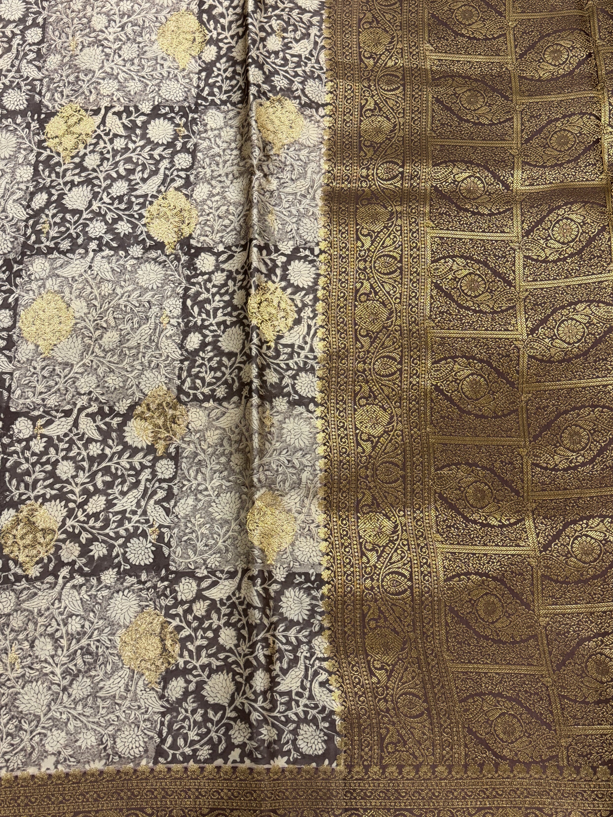 Slate Grey Kora Satin Saree with Block Print & Woven Border