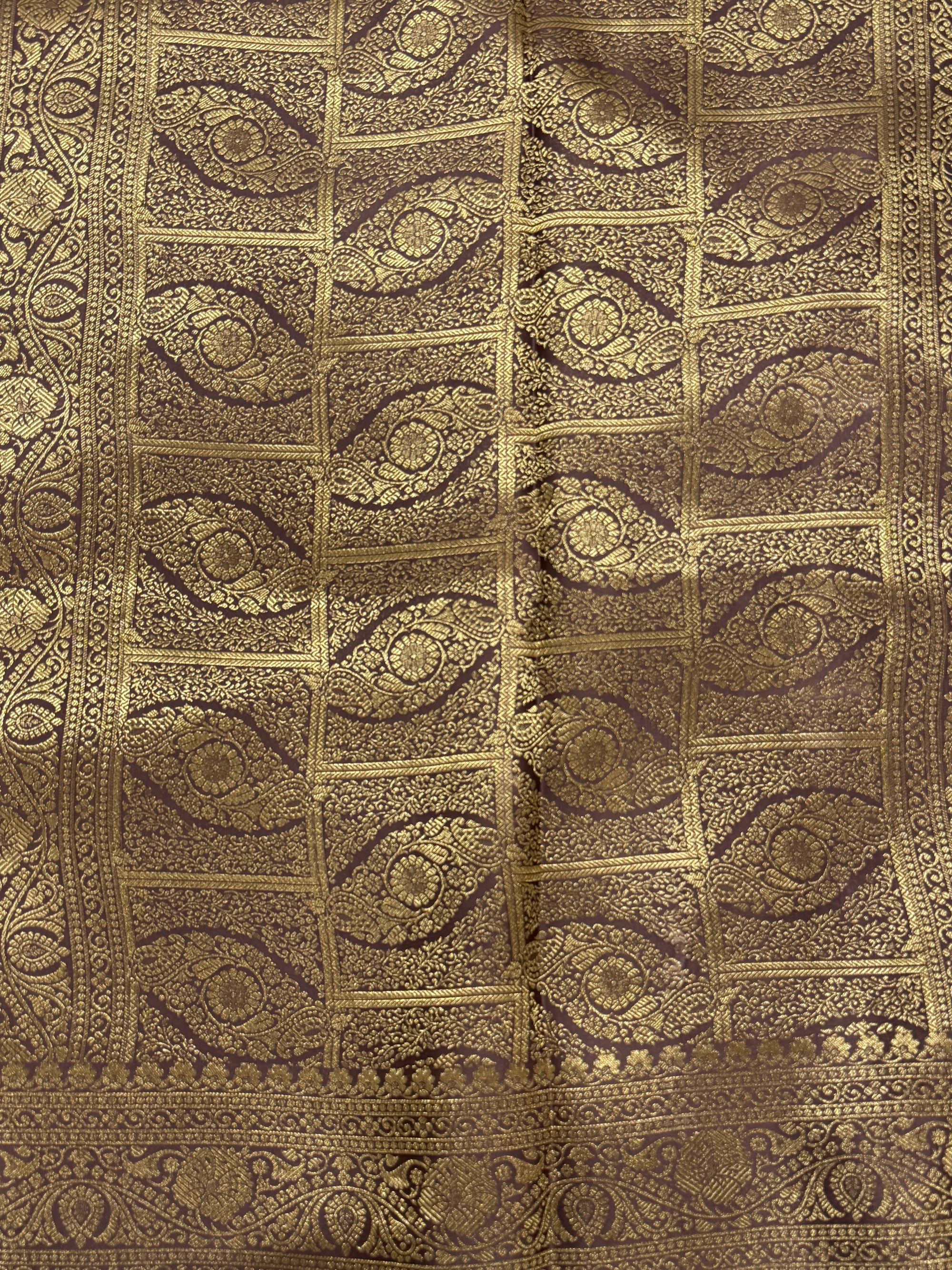 Slate Grey Kora Satin Saree with Block Print & Woven Border