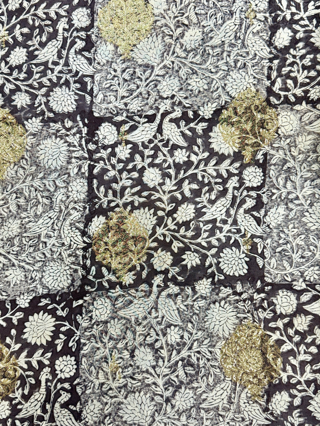 Slate Grey Kora Satin Saree with Block Print & Woven Border