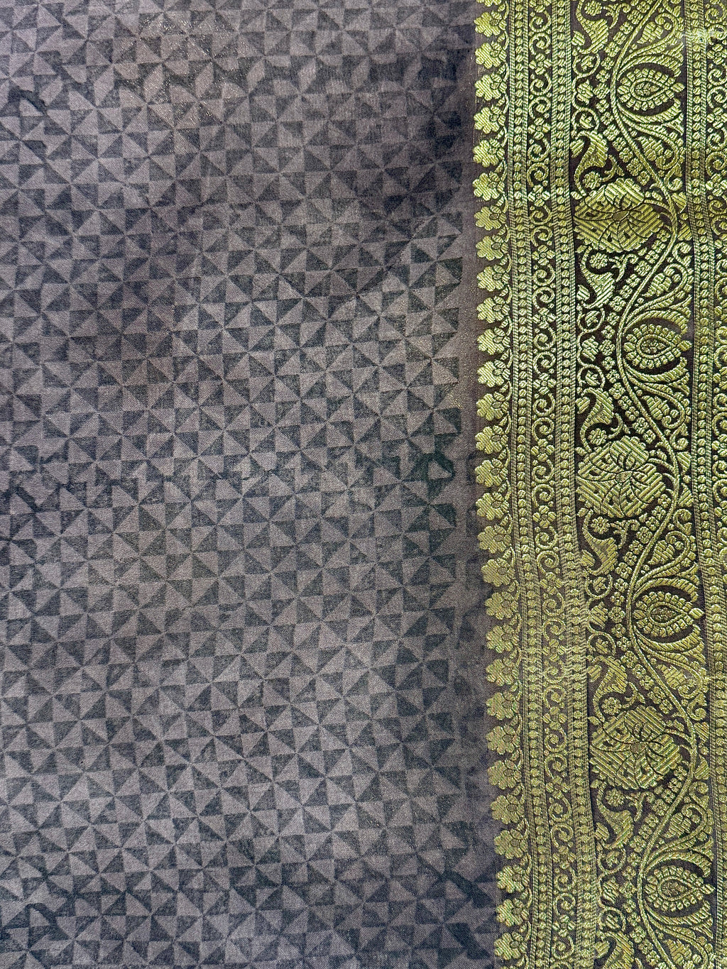 Slate Grey Kora Satin Saree with Block Print & Woven Border
