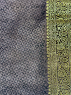Slate Grey Kora Satin Saree with Block Print & Woven Border