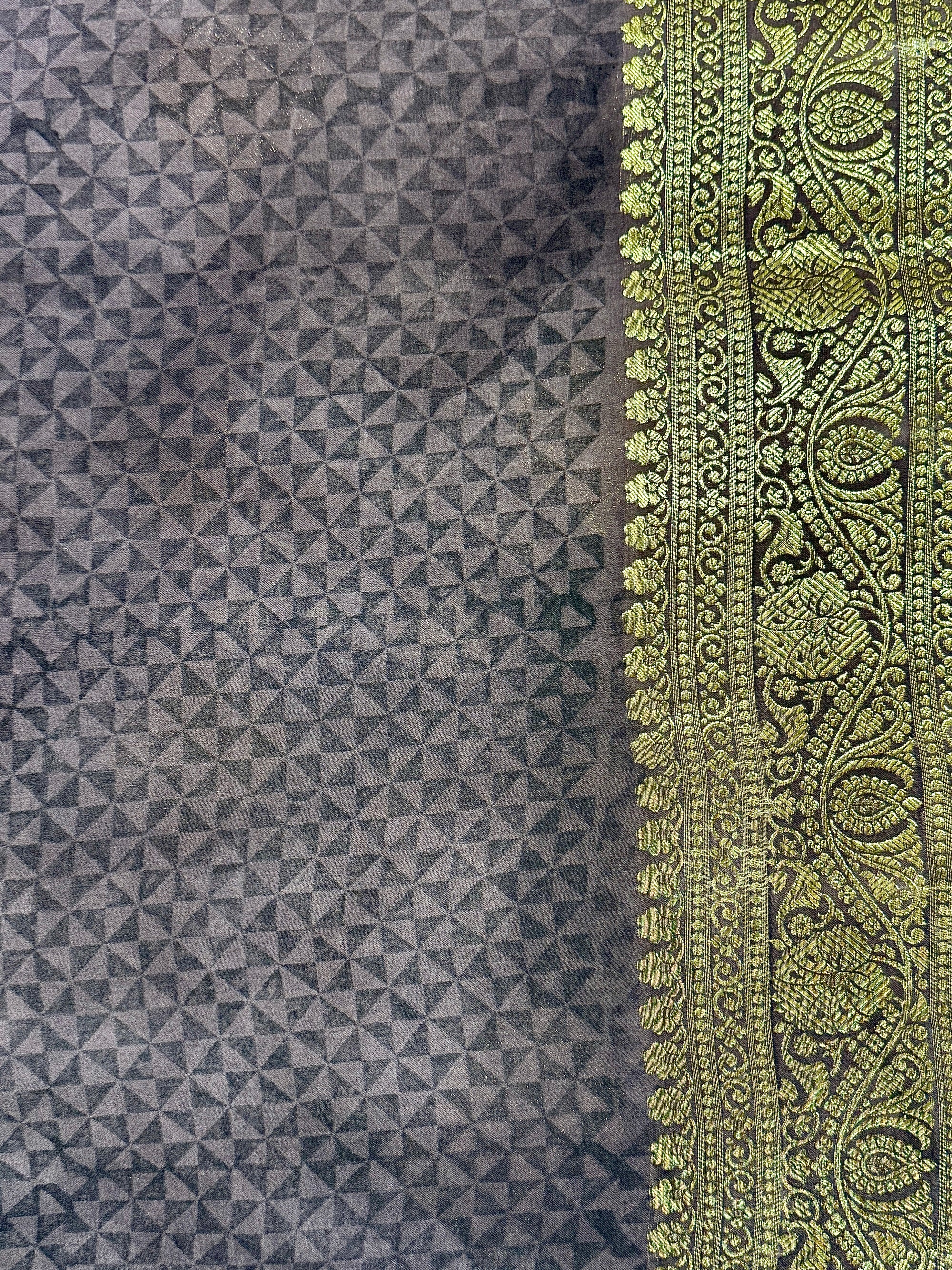 Slate Grey Kora Satin Saree with Block Print & Woven Border