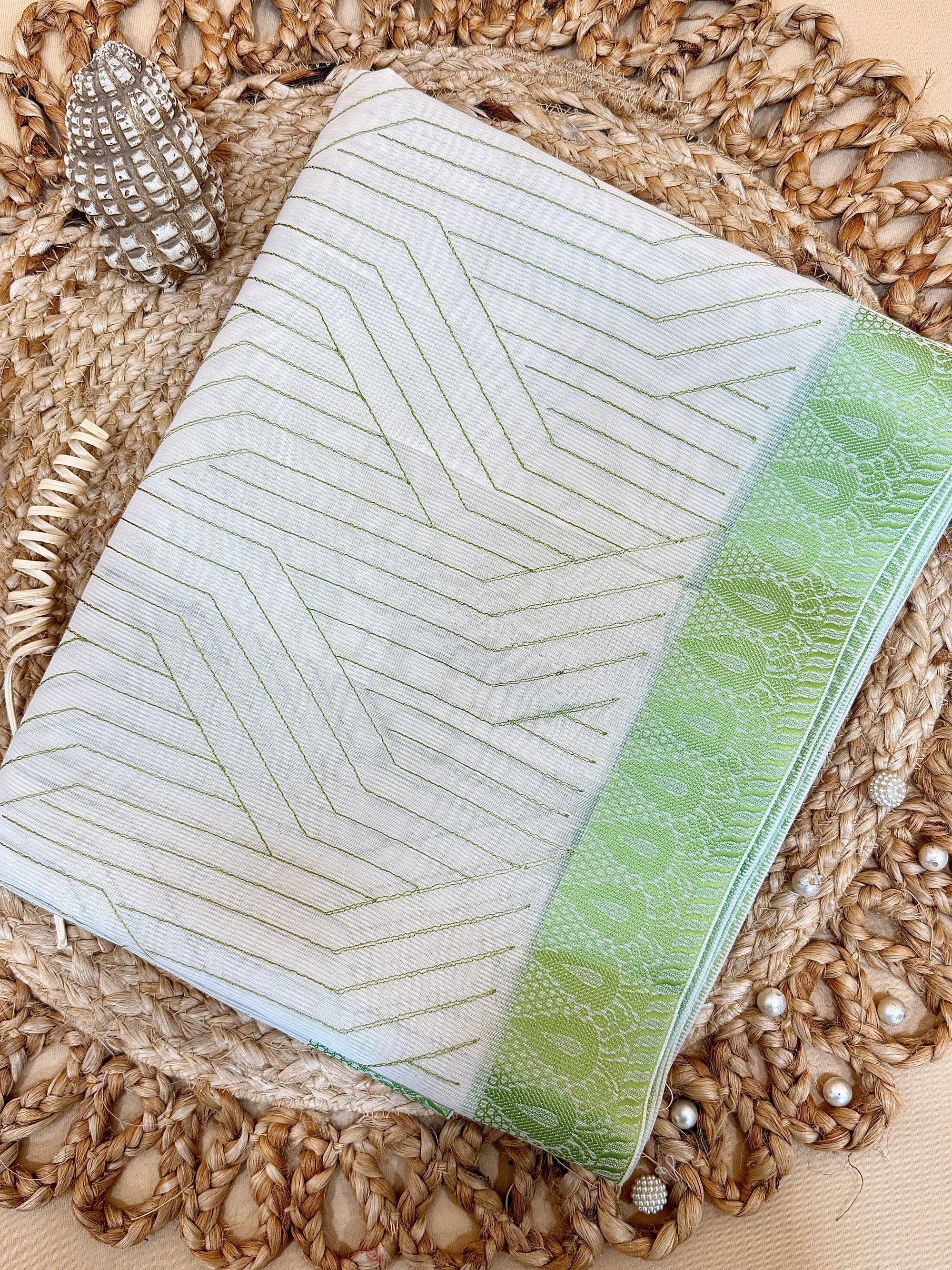 Off White Supernet Cotton Saree with Chevron Embroidery & Contrast Border