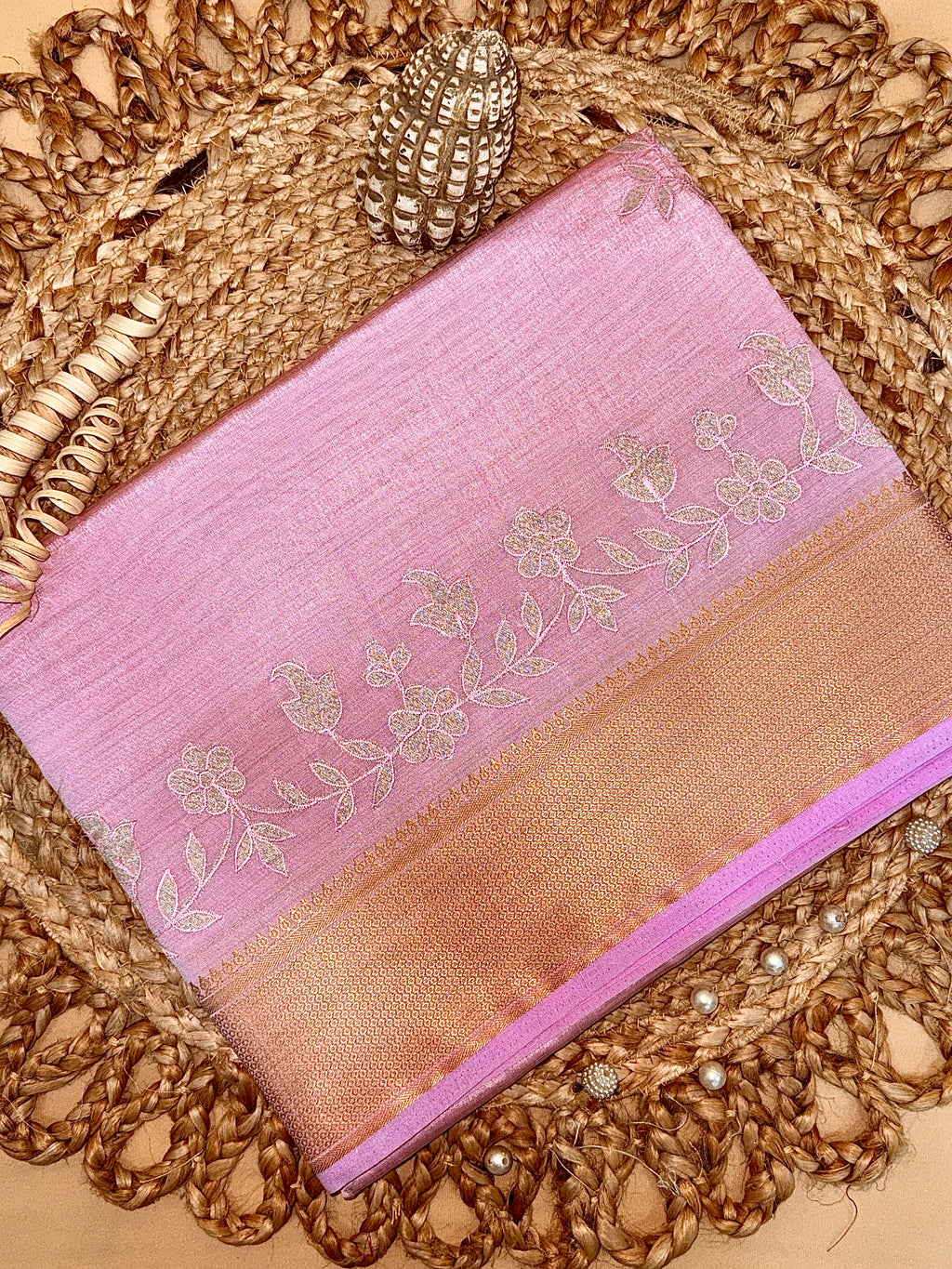 Baby Pink Semi Tussar Saree with Appliqué Embroidery