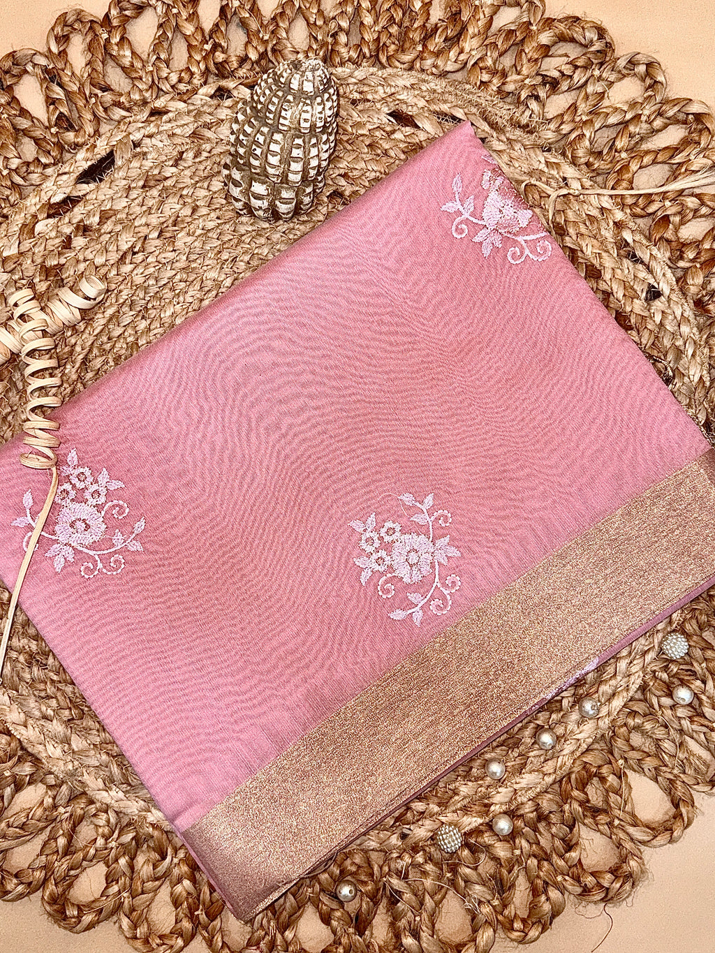 Dusty Rose Chanderi Cotton Saree with Embroidery