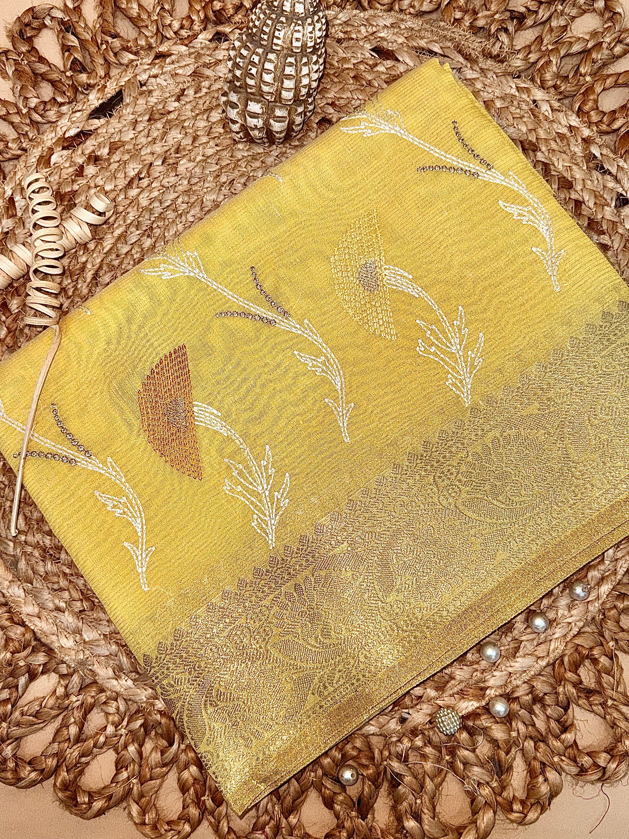 Mustard Yellow Linen Tissue Saree with Embroidery