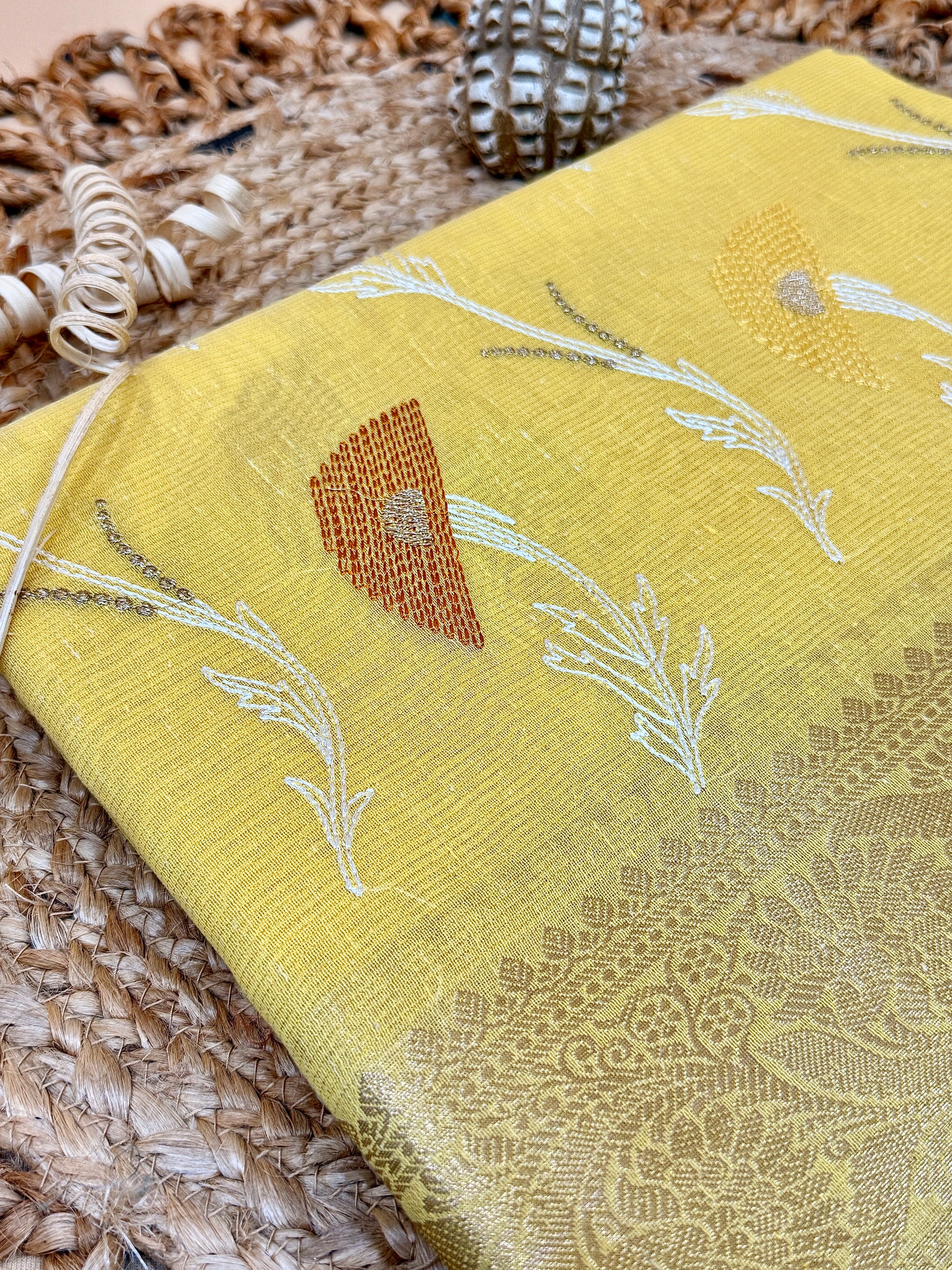 Mustard Yellow Linen Tissue Saree with Embroidery