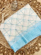 Off White Supernet Cotton Saree with Blue Geometric Embroidery & Contrast Border