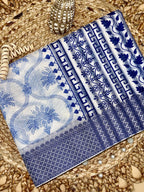 Off White Supernet Cotton Saree with Indigo Floral Design & Contrast Border