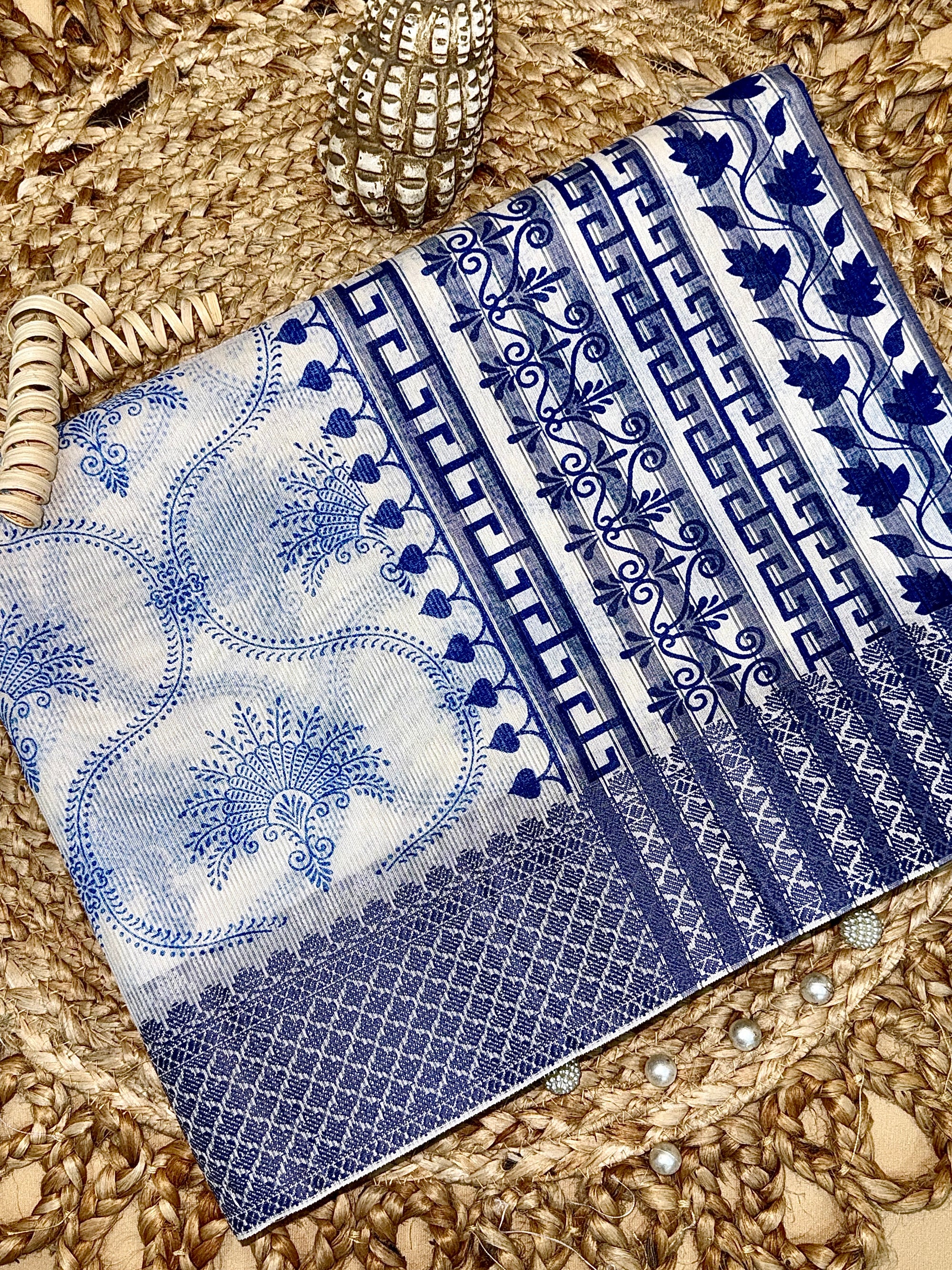 Off White Supernet Cotton Saree with Indigo Floral Design & Contrast Border