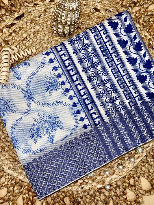 Off White Supernet Cotton Saree with Indigo Floral Design & Contrast Border