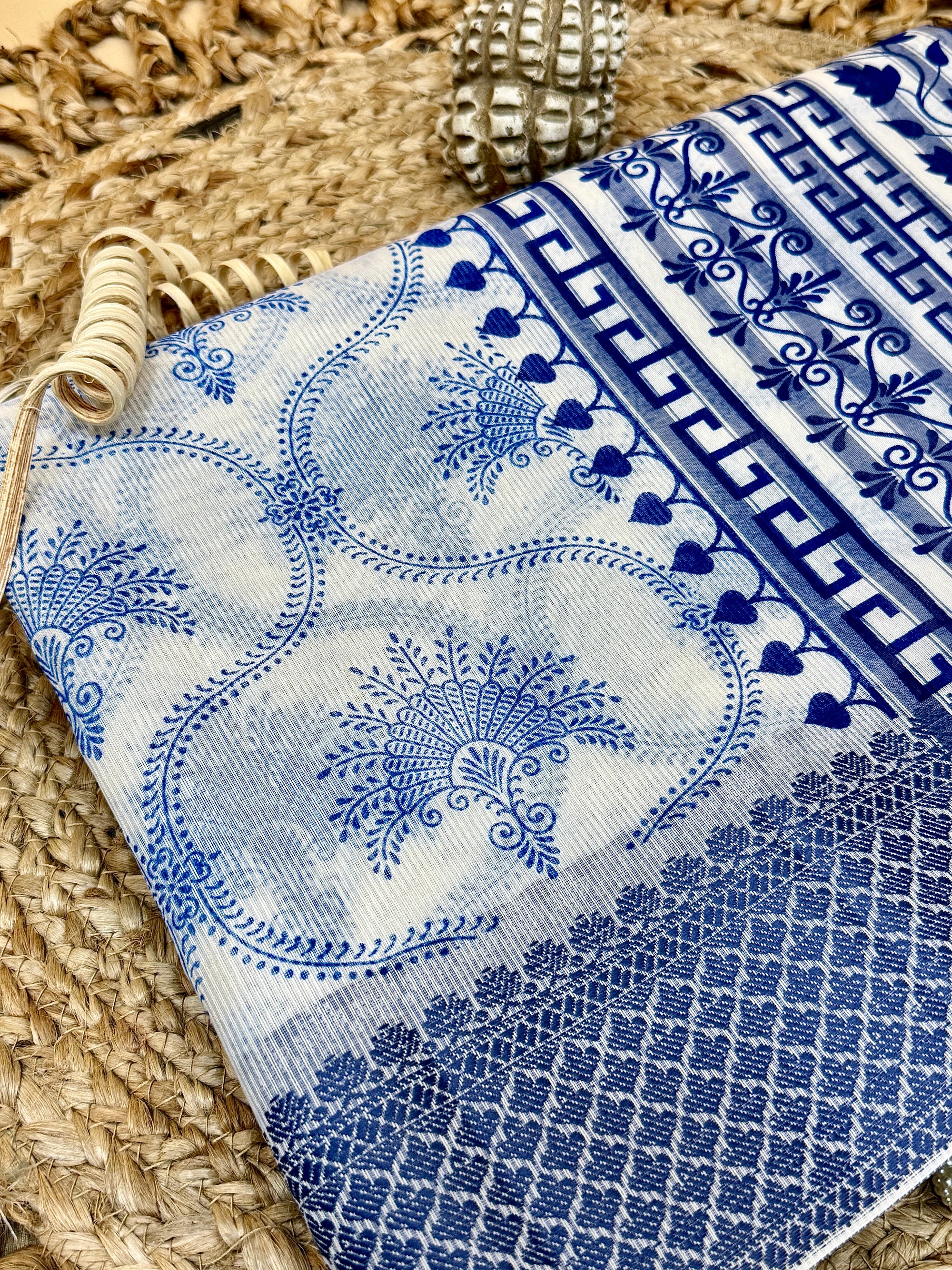 Off White Supernet Cotton Saree with Indigo Floral Design & Contrast Border