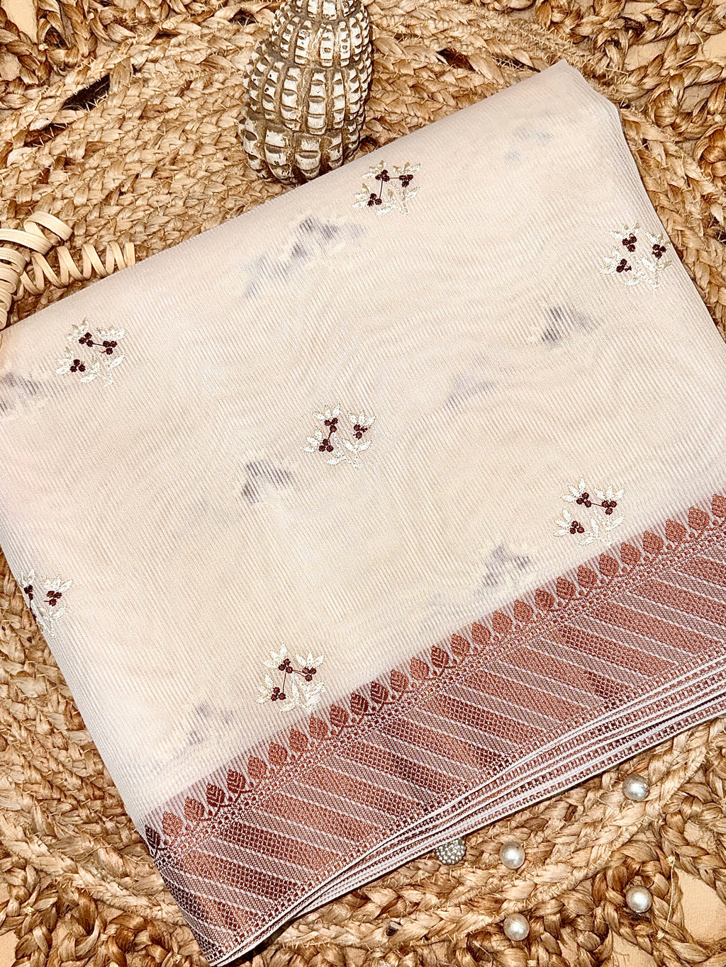 Beige Supernet Cotton Saree with Buti & Peach Woven Border