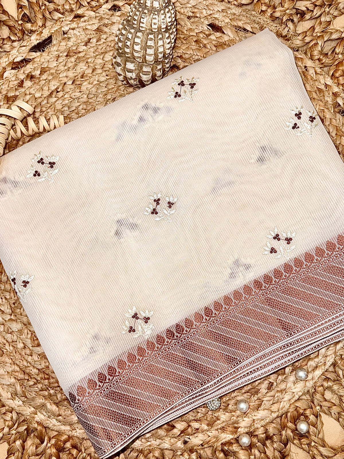 Beige Supernet Cotton Saree with Buti & Peach Woven Border