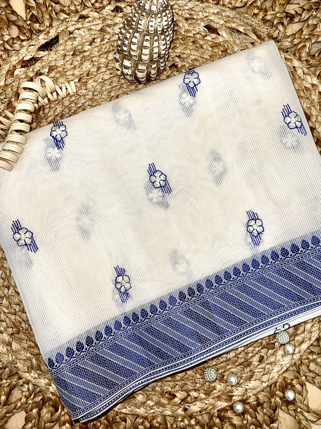Off White Supernet Cotton Saree with Blue Buti & Woven Border
