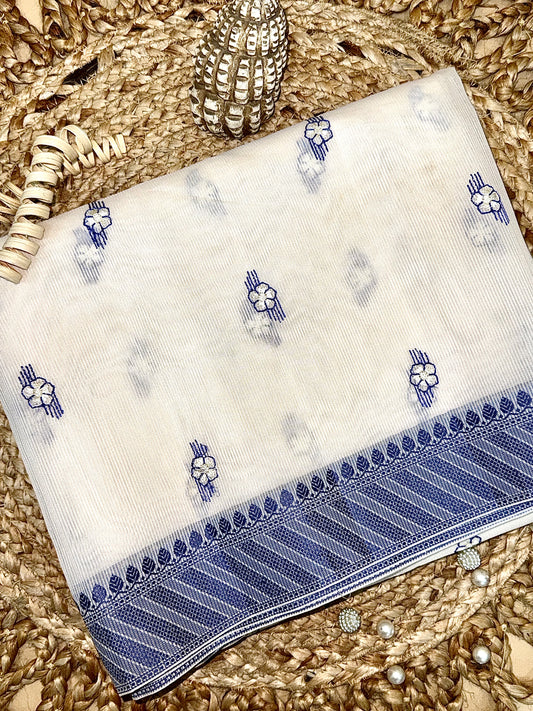 Off White Supernet Cotton Saree with Blue Buti & Woven Border