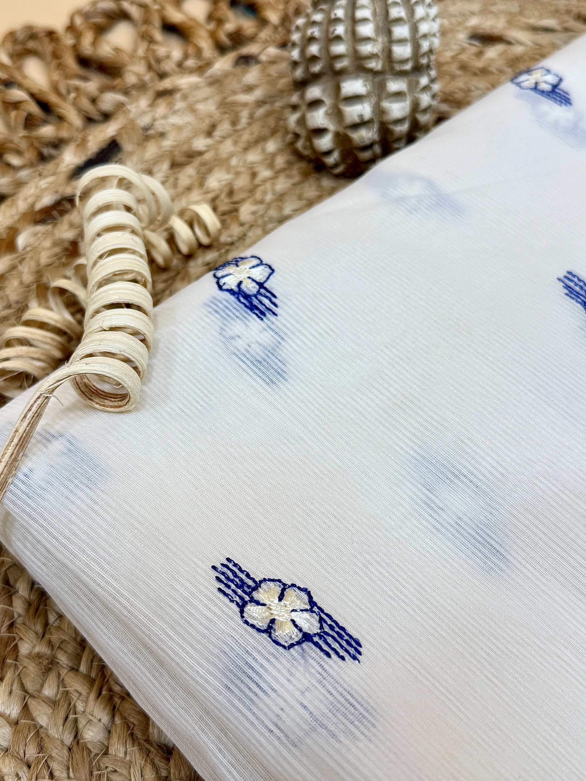 Off White Supernet Cotton Saree with Blue Buti & Woven Border