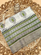 Off White Supernet Cotton Saree with Green Leaf Embroidery & Tribal Border