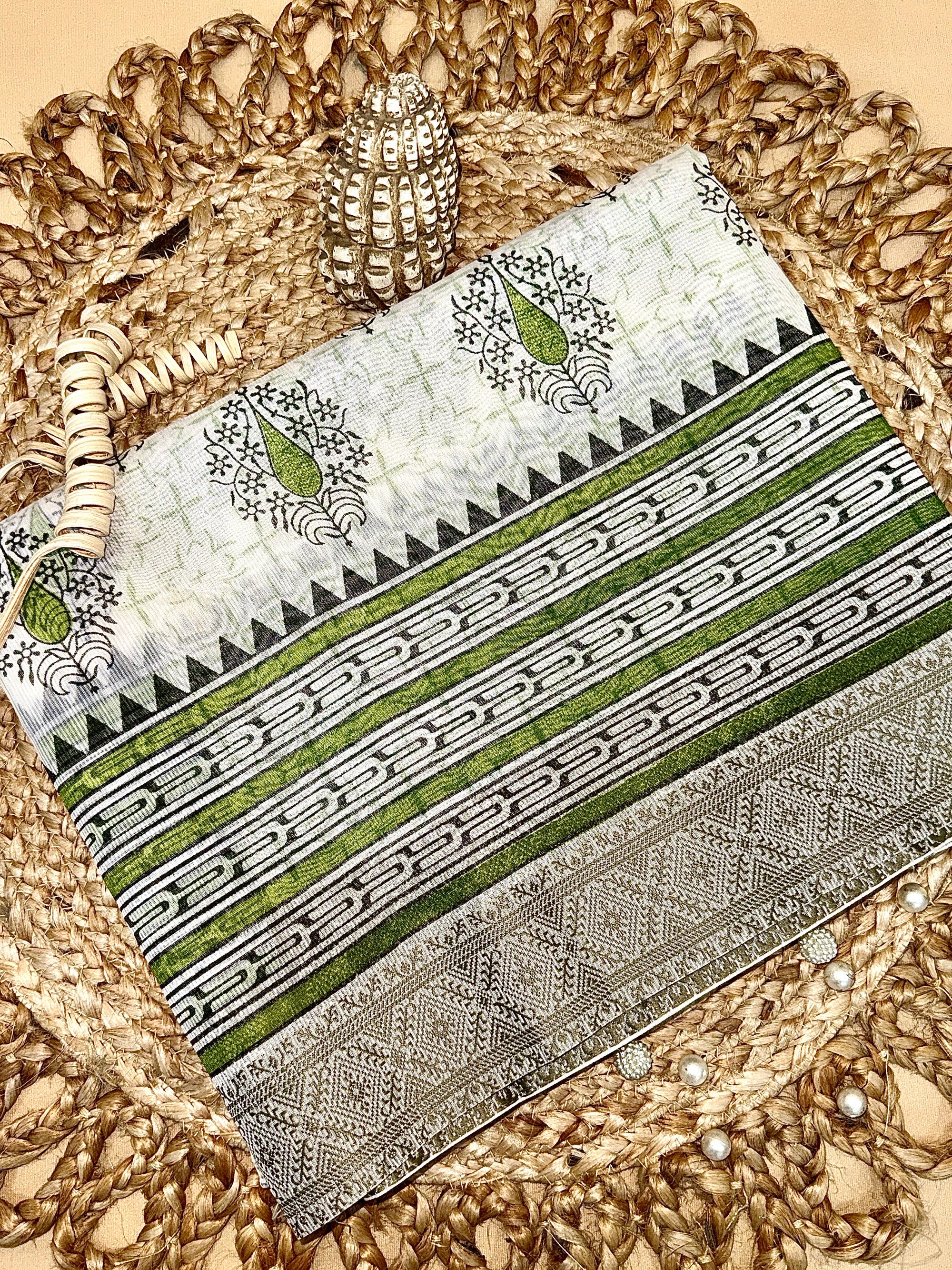 Off White Supernet Cotton Saree with Green Leaf Embroidery & Tribal Border