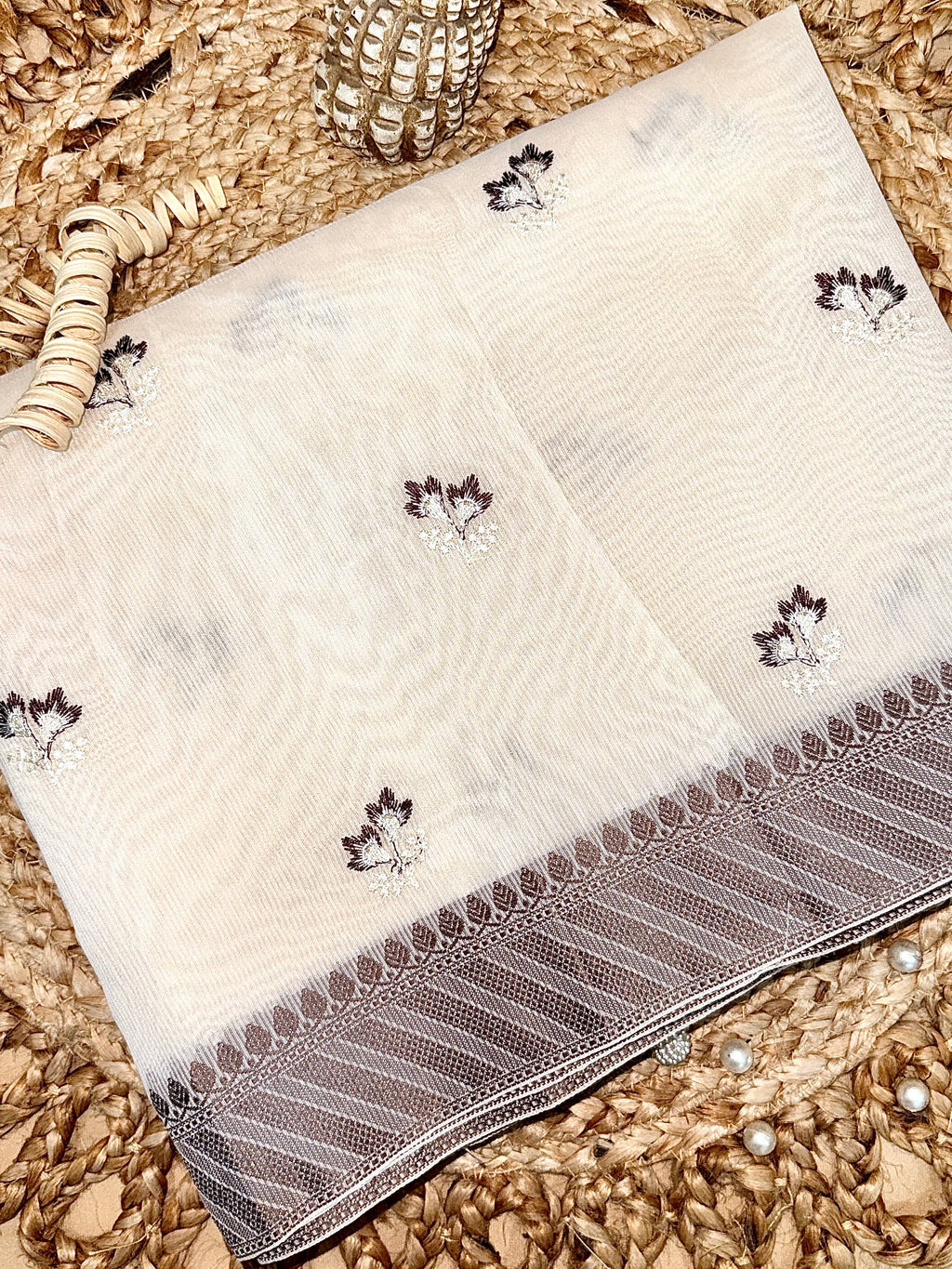 Ivory Supernet Cotton Saree with Floral Buti & Woven Border